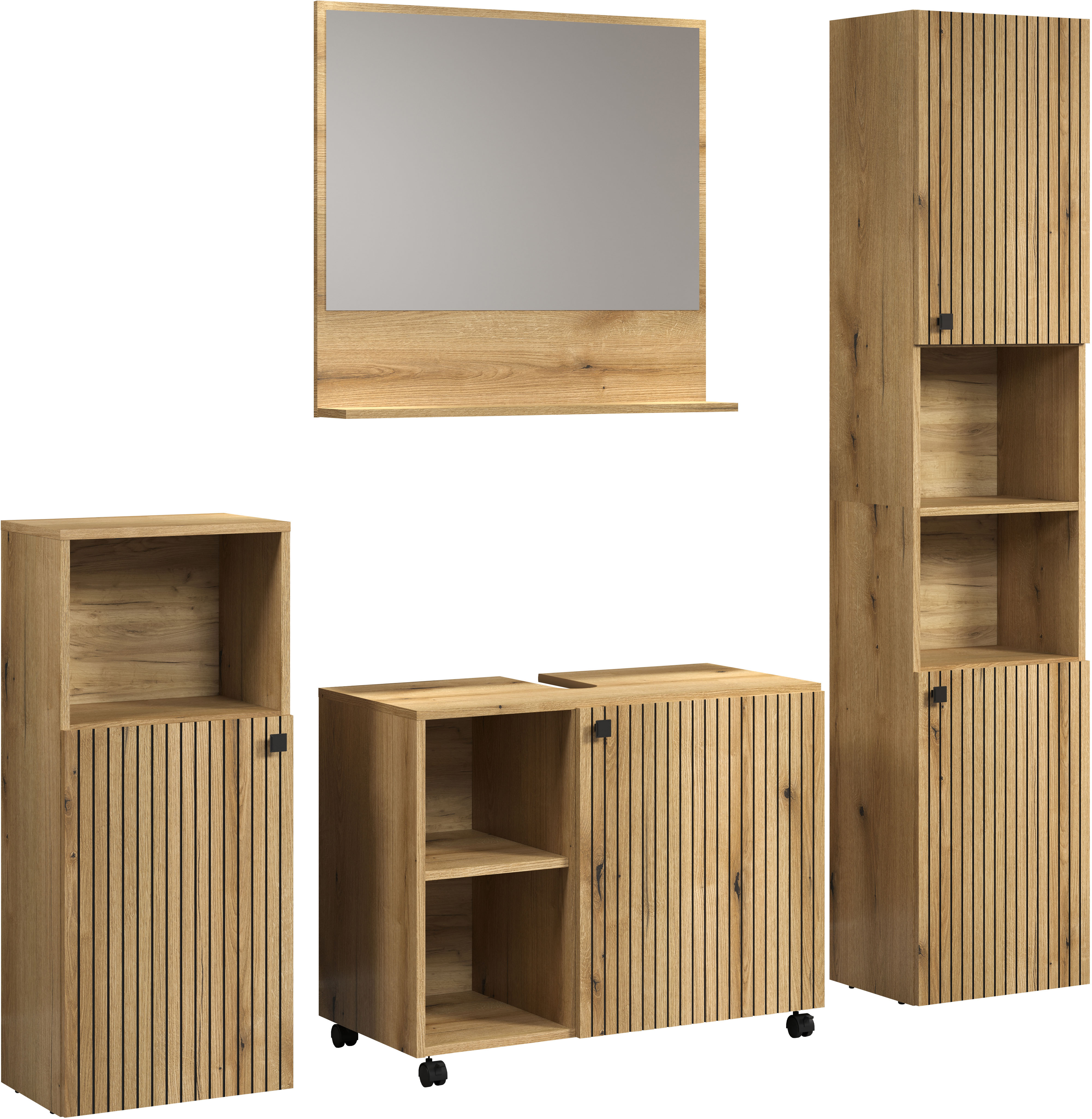 Thumbnail - welltime Badmöbel-Set "Amrum Waschbeckenunterschrank Spiegel Hochschrank Badschrank", (Komplett-Set, 4 St.), 4-teiliges ...