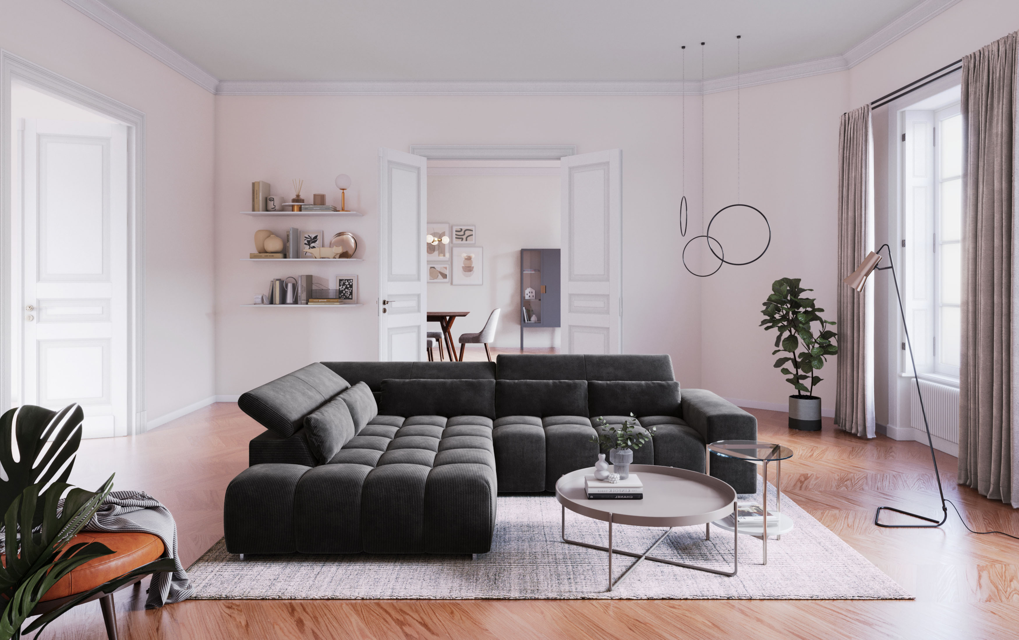 COTTA Ecksofa "Orion L-Form, B: 310 cm, moderne Steppung, bequeme Wellenunterfederung" Kopfteilverstellung & 5 Nierenkissen