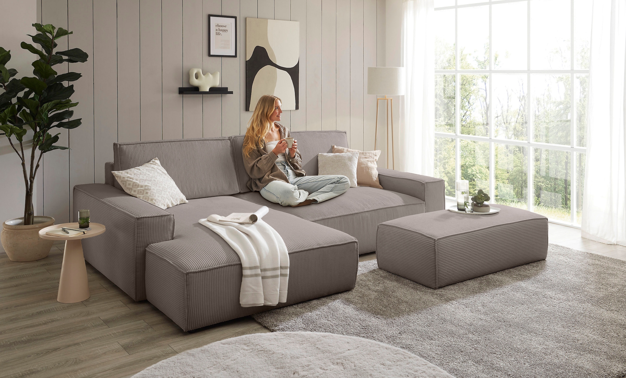 Home affaire Polsterecke »NEU: SHERWOOD XXL tief, L-Form mit Schlaffunktion, Big-Sofa mit Hocker«, (Set, 2 St.), stellbar zum Schlafsofa (Krokodilverbinder), Cord, Leinenoptik