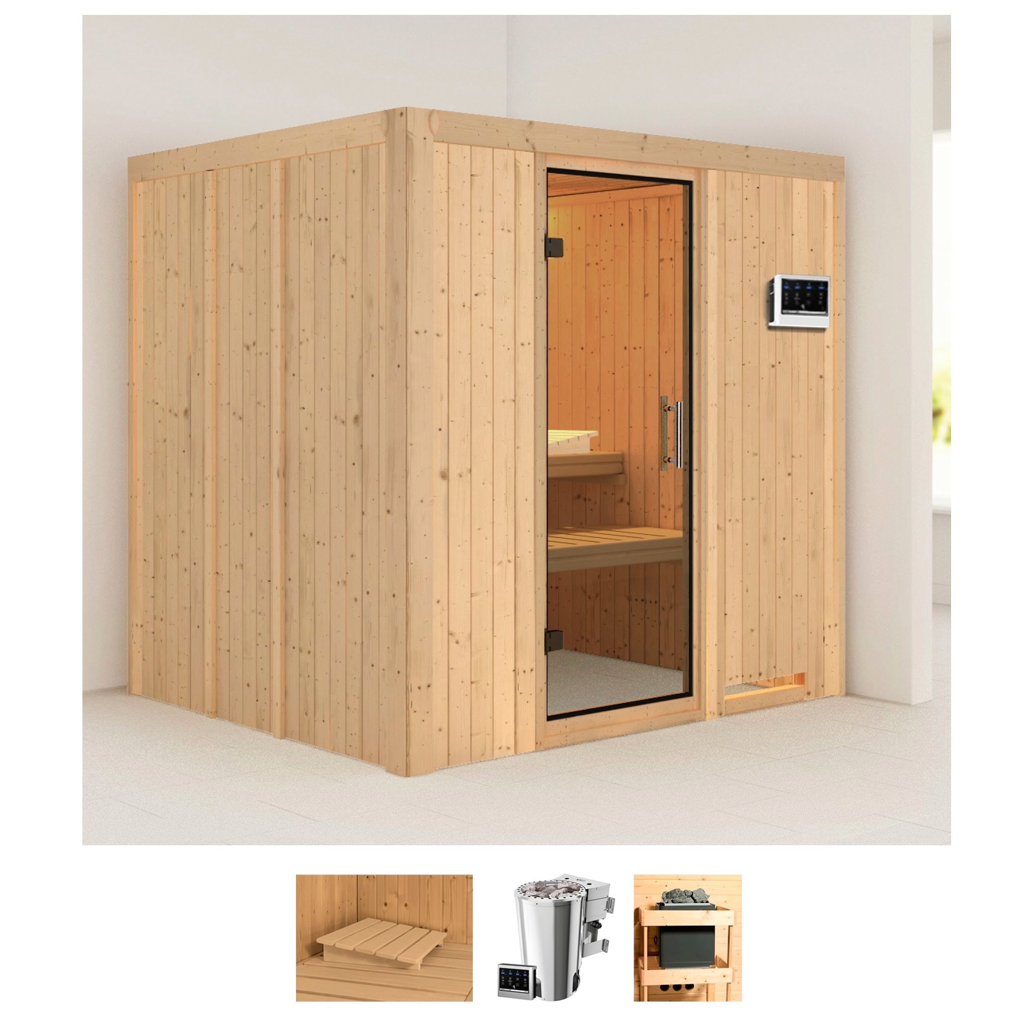 Karibu Sauna "Dima", 3,6-kW-Bio-Plug & Play Ofen mit externer Steuerung