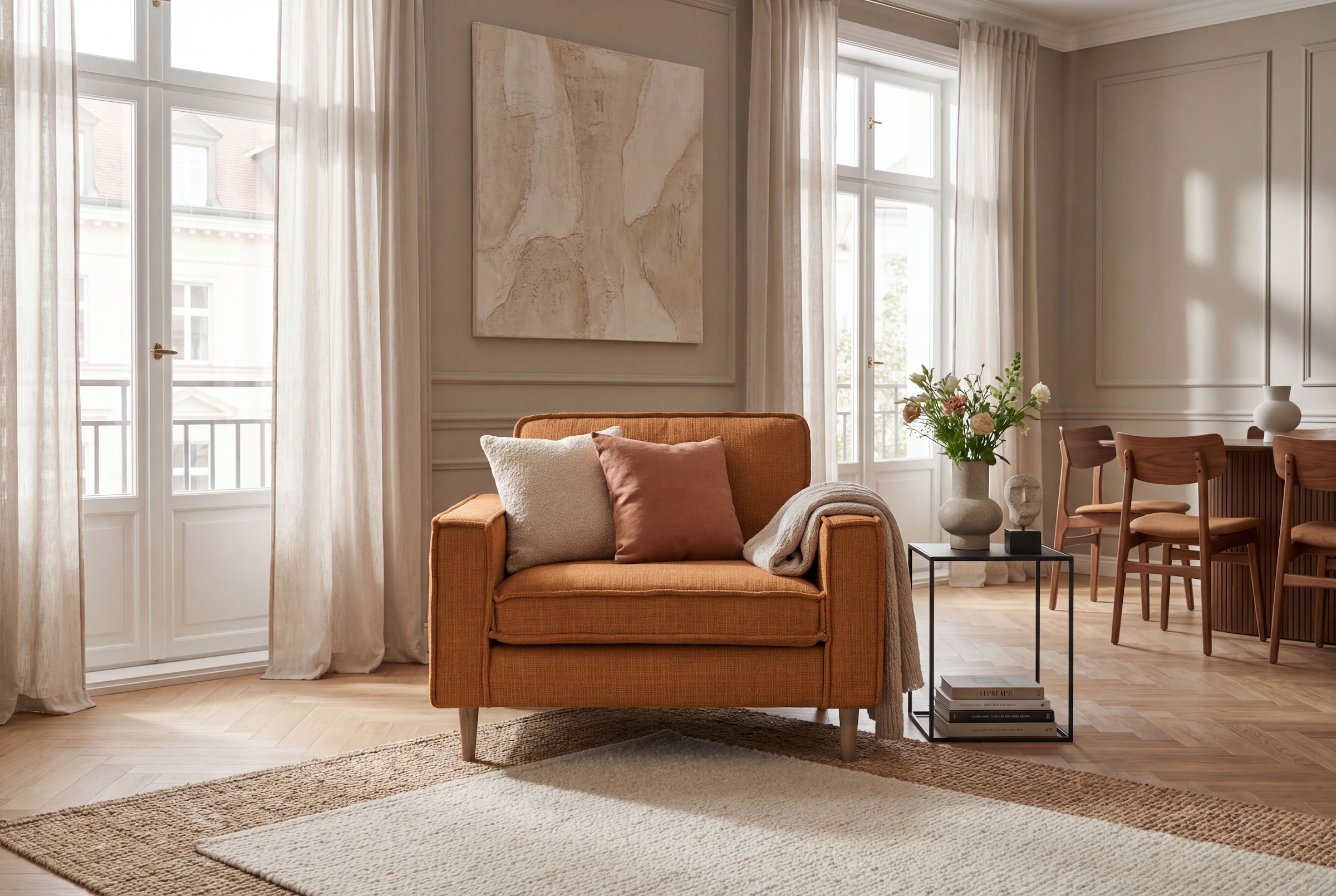 OTTO home Loveseat "Pinto Skandi 105 cm, Chenille, Struktur" mit Keder, Massivholzfüße Eiche geräuchert