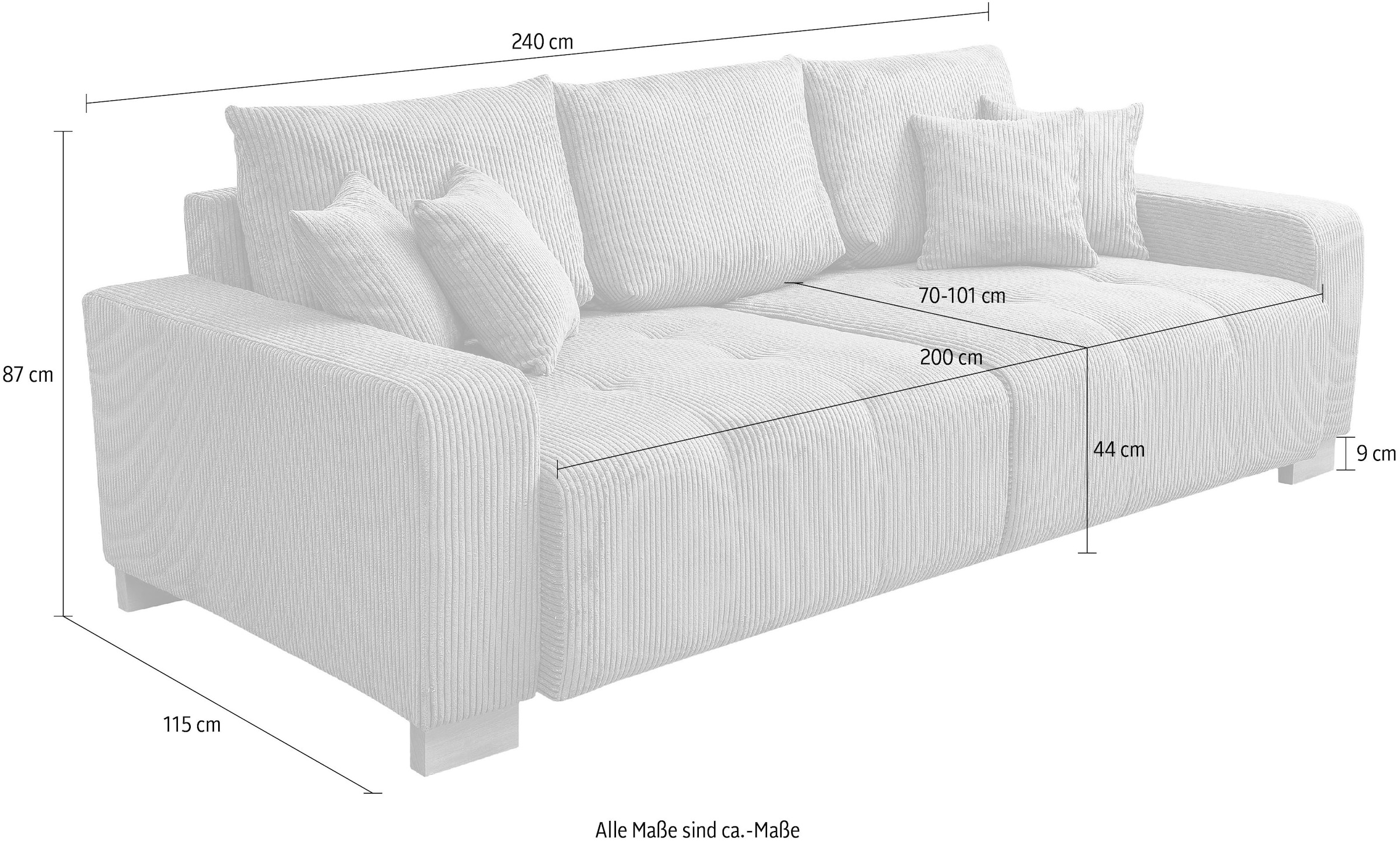 WERK2 Big-Sofa »Rimini 240 cm breit Cord XXL Couch mit großer Sitztiefe, 4-Sitzer« Megasofa mit 4 Sitzplätzen, losen Rückenkissen & Zierkissen