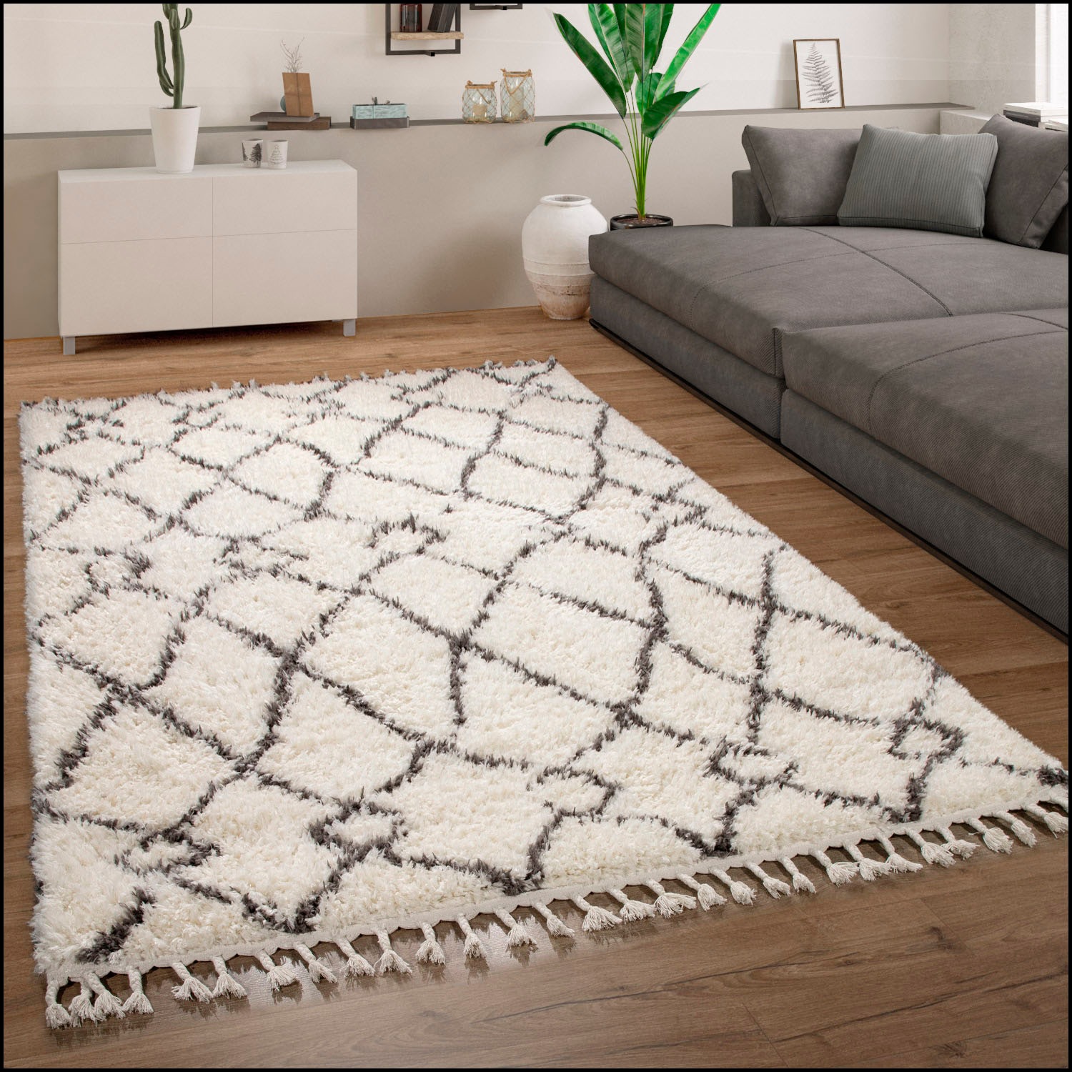 Paco Home Hochflor-Teppich »Orebro 170«, rechteckig, 44 mm Höhe, modernes Rauten Muster, besonders weich & kuschelig, mit Fransen