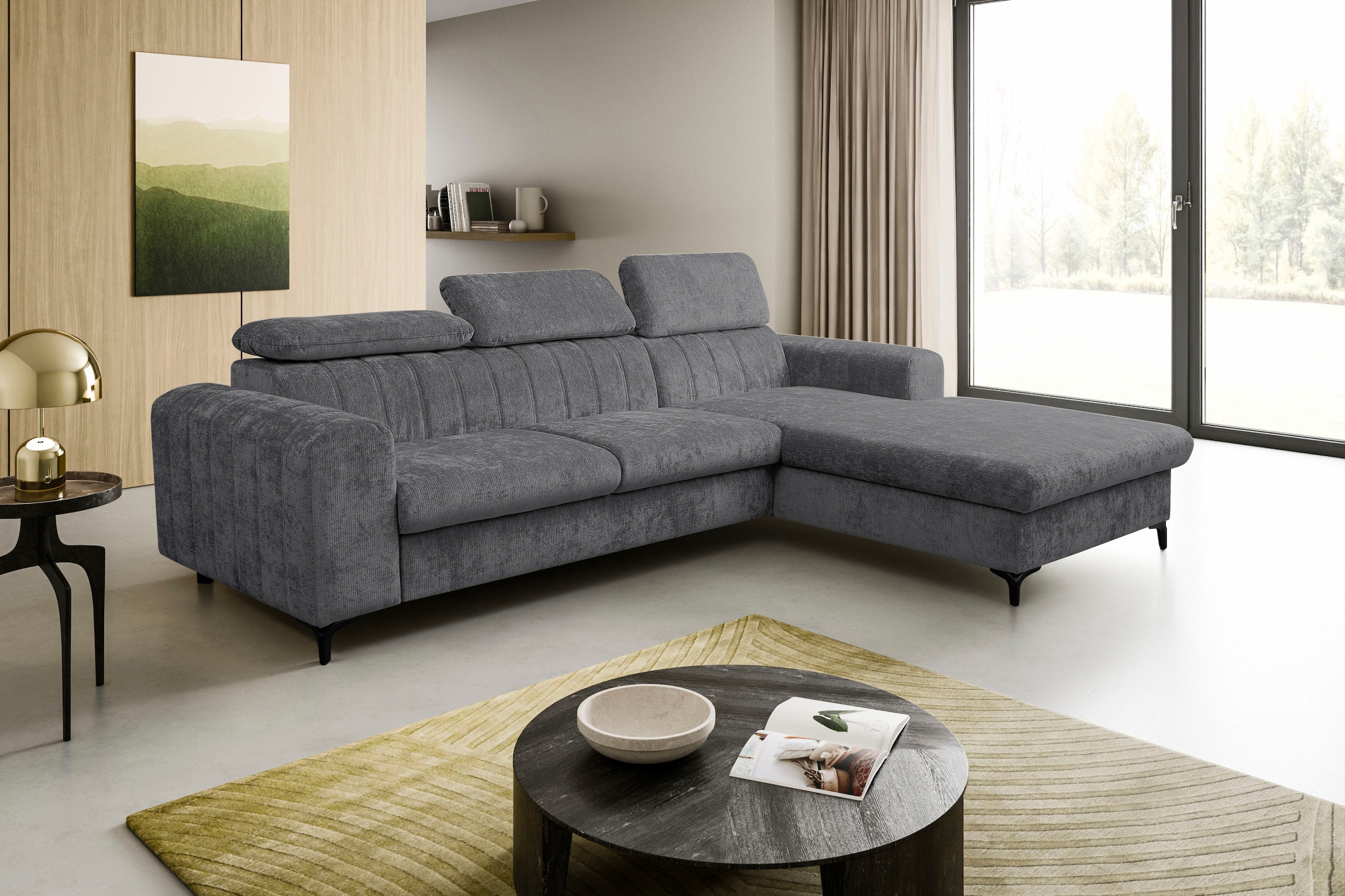WERK2 Ecksofa »Foster inkl. Schlaffunktion & Bettkasten, bodenfrei, Chenille, bequem« 3 verstellbare Kopfstützen & Pfeifensteppung im Retro-Look, L-Form