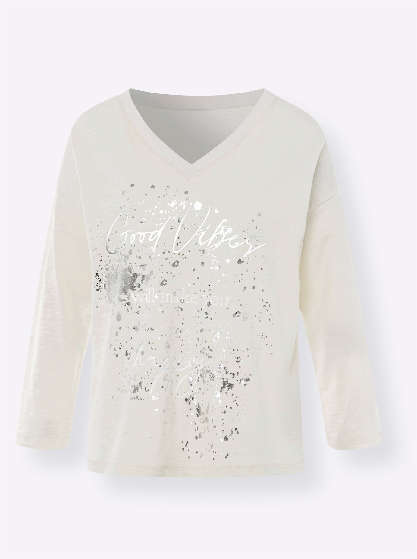 3/4-Arm-Shirt HEINE "Shirt", Damen, Gr. 40, beige (champagner), 100% Baumwolle, gemustert, unifarben, V-Ausschnitt, Shirts 3/4-Arm-Shirt 3
