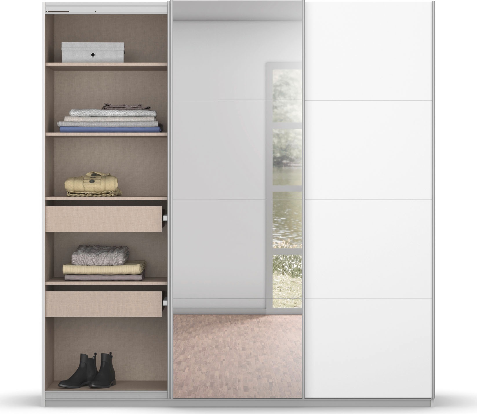 rauch Schwebetürenschrank »Kleiderschrank Schrank Garderobe BESTSELLER KOLUNA mit Spiegel«, inkl. 2 Innenschubladen sowie extra Einlegeböden MADE IN GERMANY
