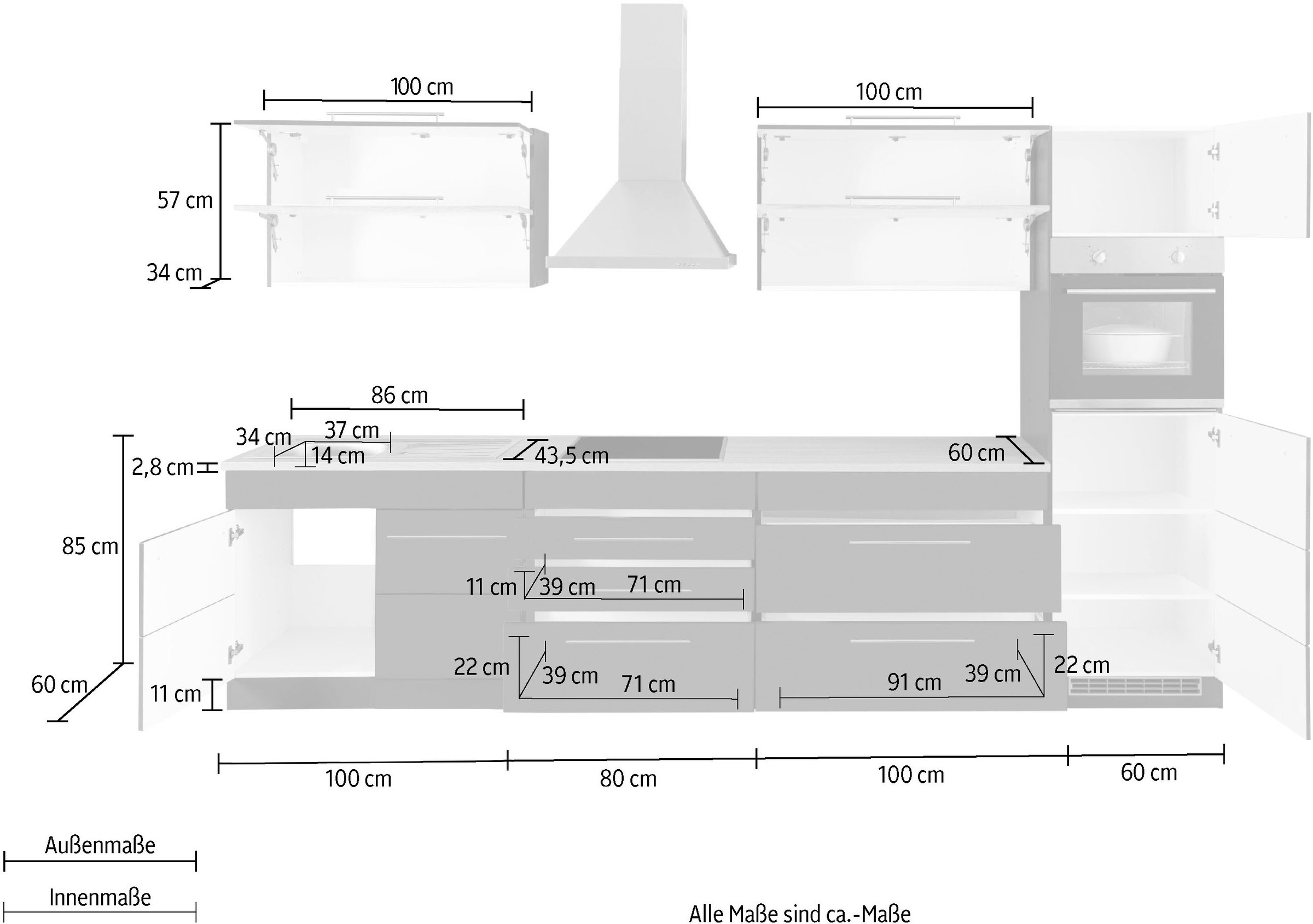 KOCHSTATION Küchenzeile »KS-Wien«, Breite 340 cm, wahlweise mit E-Geräten und Induktion