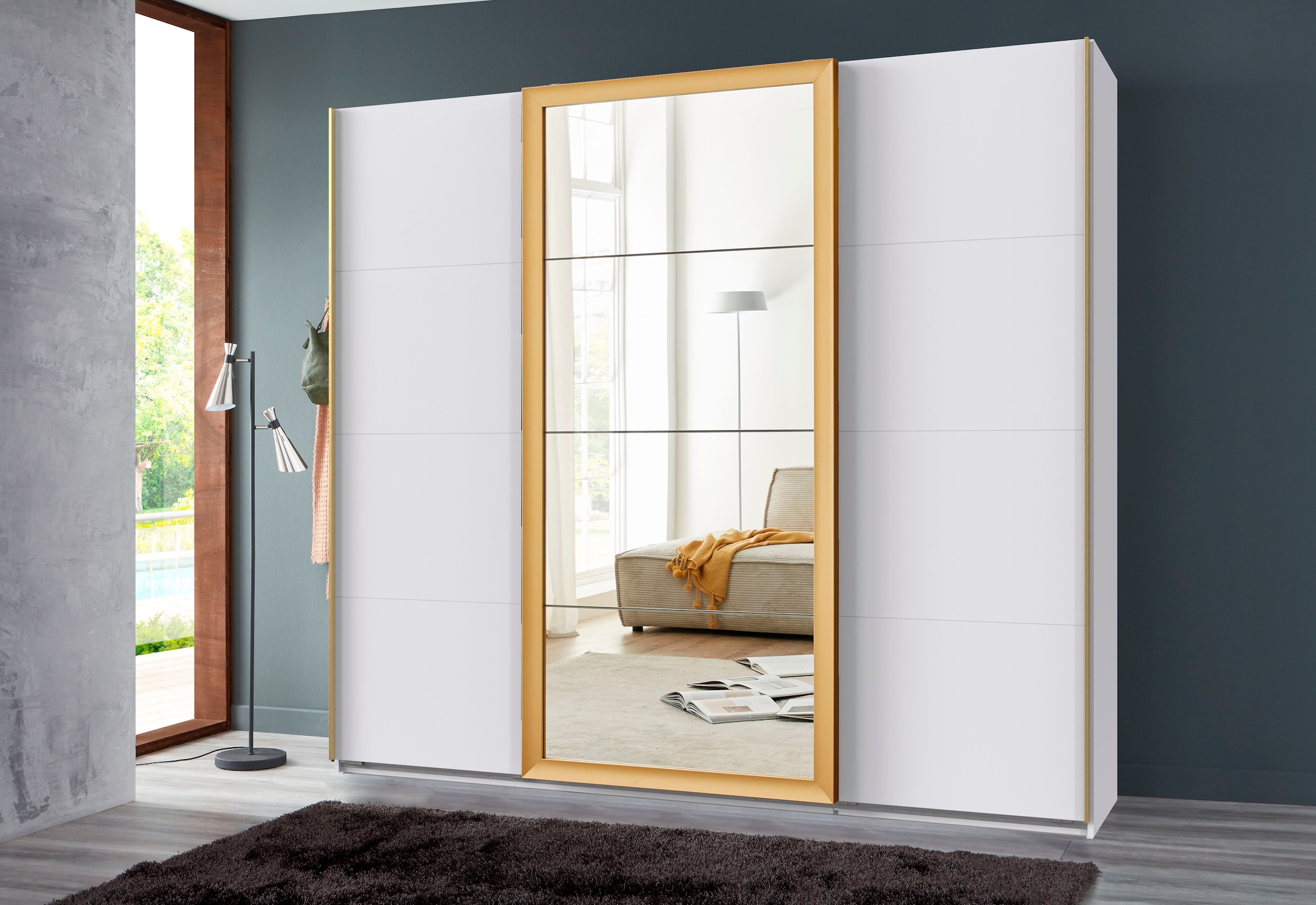 Wimex Schwebetürenschrank »Katar, Kleiderschrank erhältlich in den Breiten 225cm und 270cm« inkl. Spiegel, Akzente in Gold