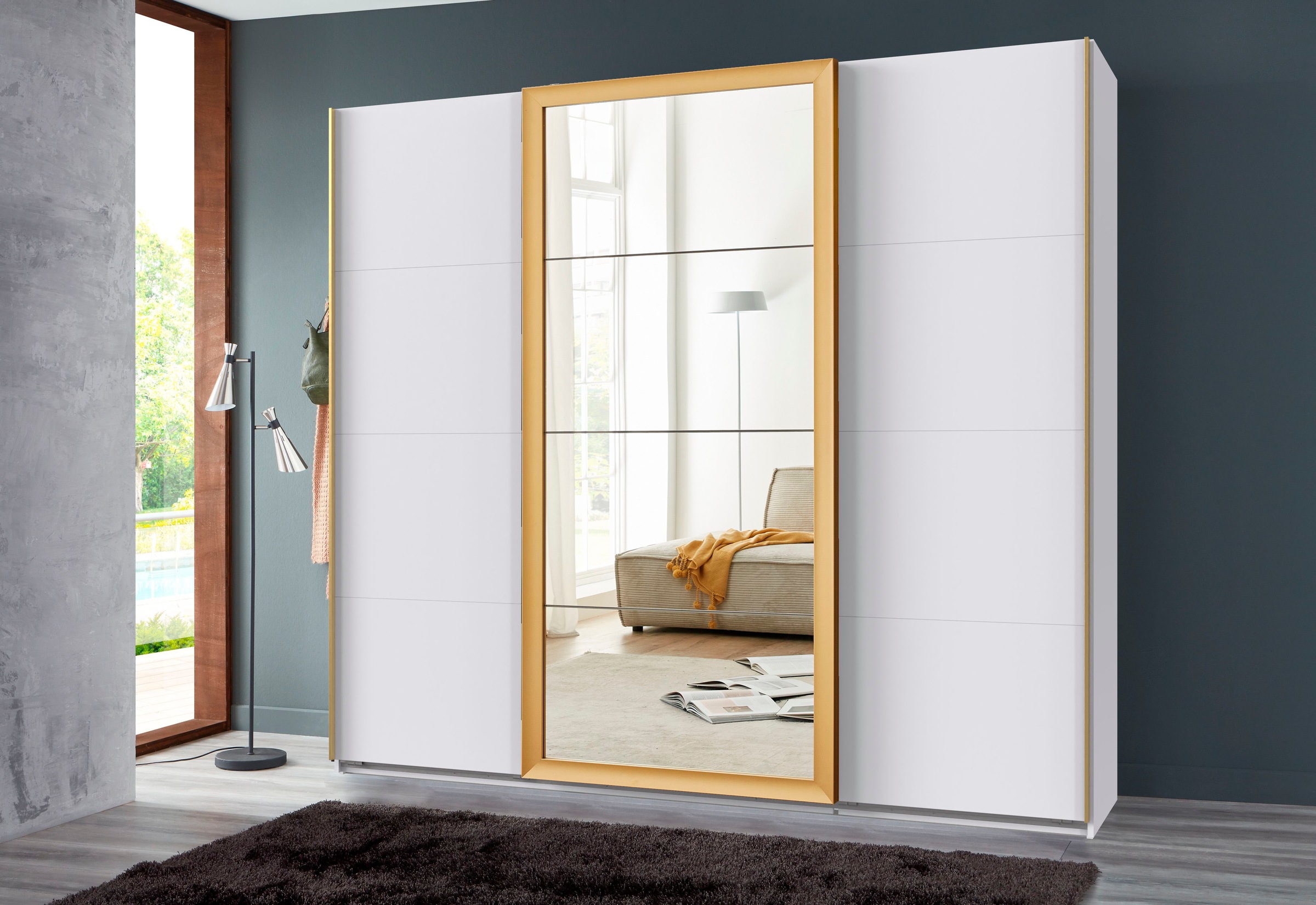 Wimex Schwebetürenschrank "Katar, Kleiderschrank erhältlich in den Breiten 225cm und 270cm" inkl. Spiegel, Akzente in Gold