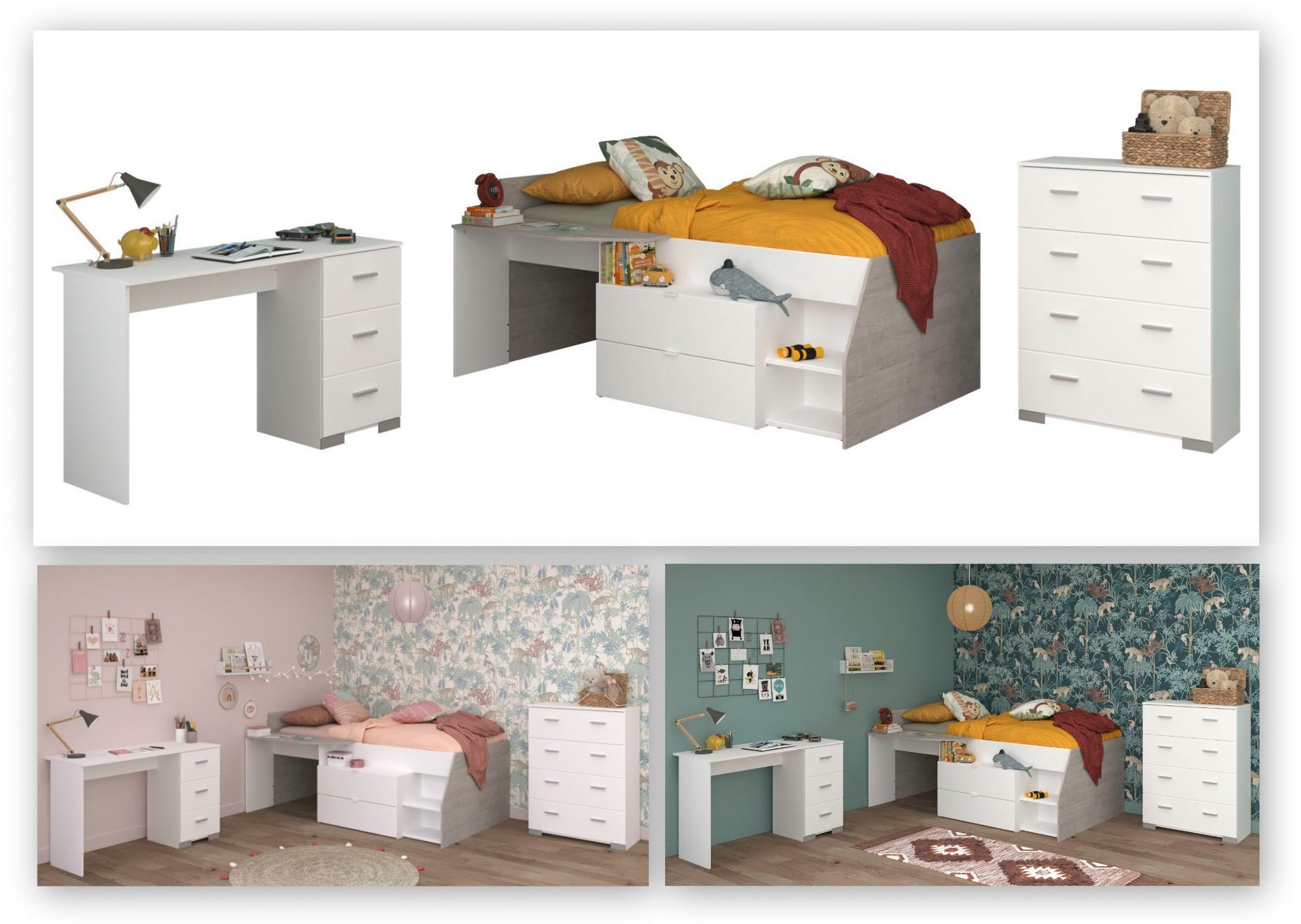 Parisot Jugendzimmer-Set »Parisot Milky 15«, (3 tlg.), viel Stauraum, halbhohes Hochbett
