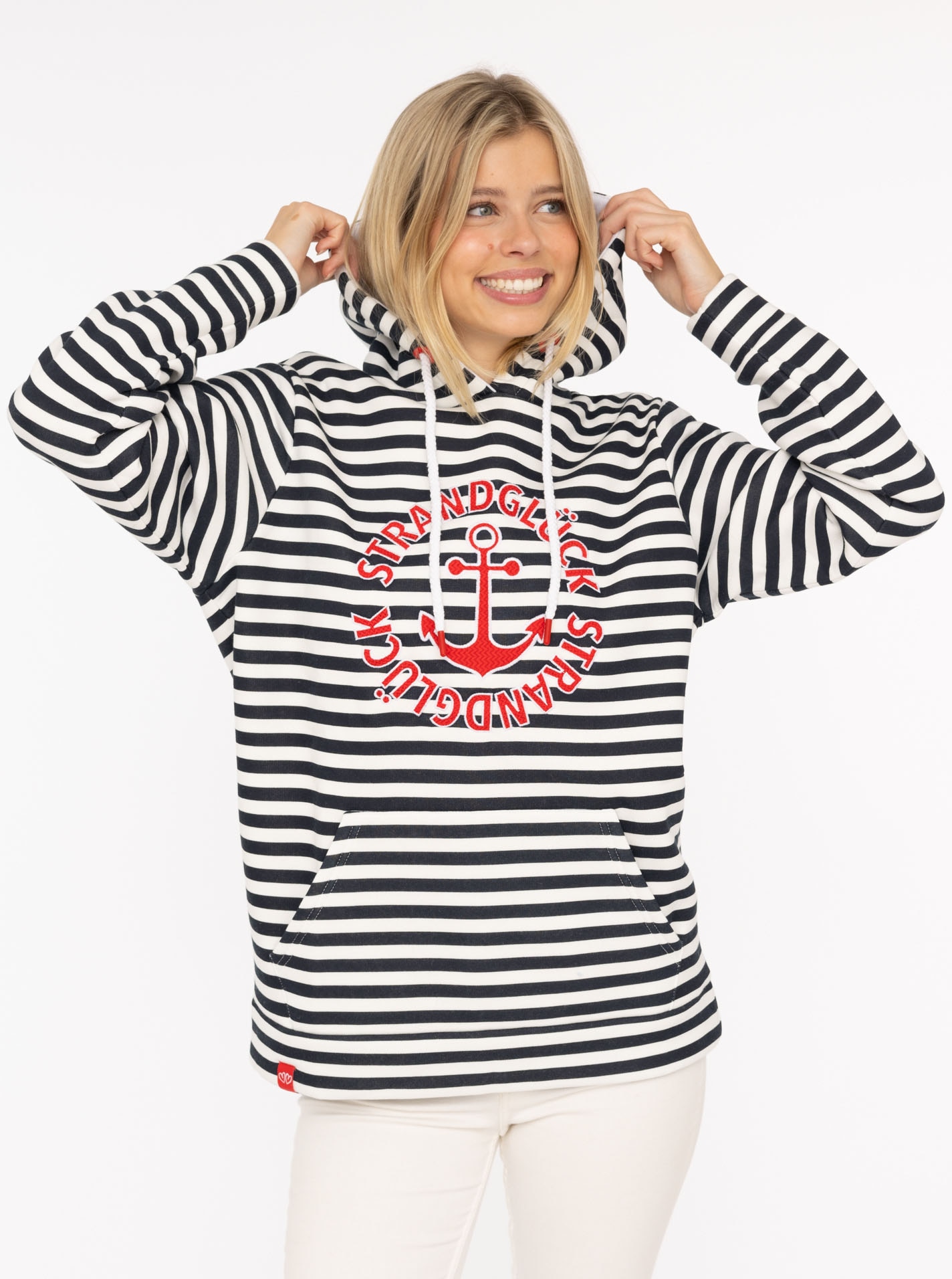 Zwillingsherz Kapuzensweatshirt ""Streifen Strandglück"", gestreift, Stickererei vorne, Kordelzug; Tasche