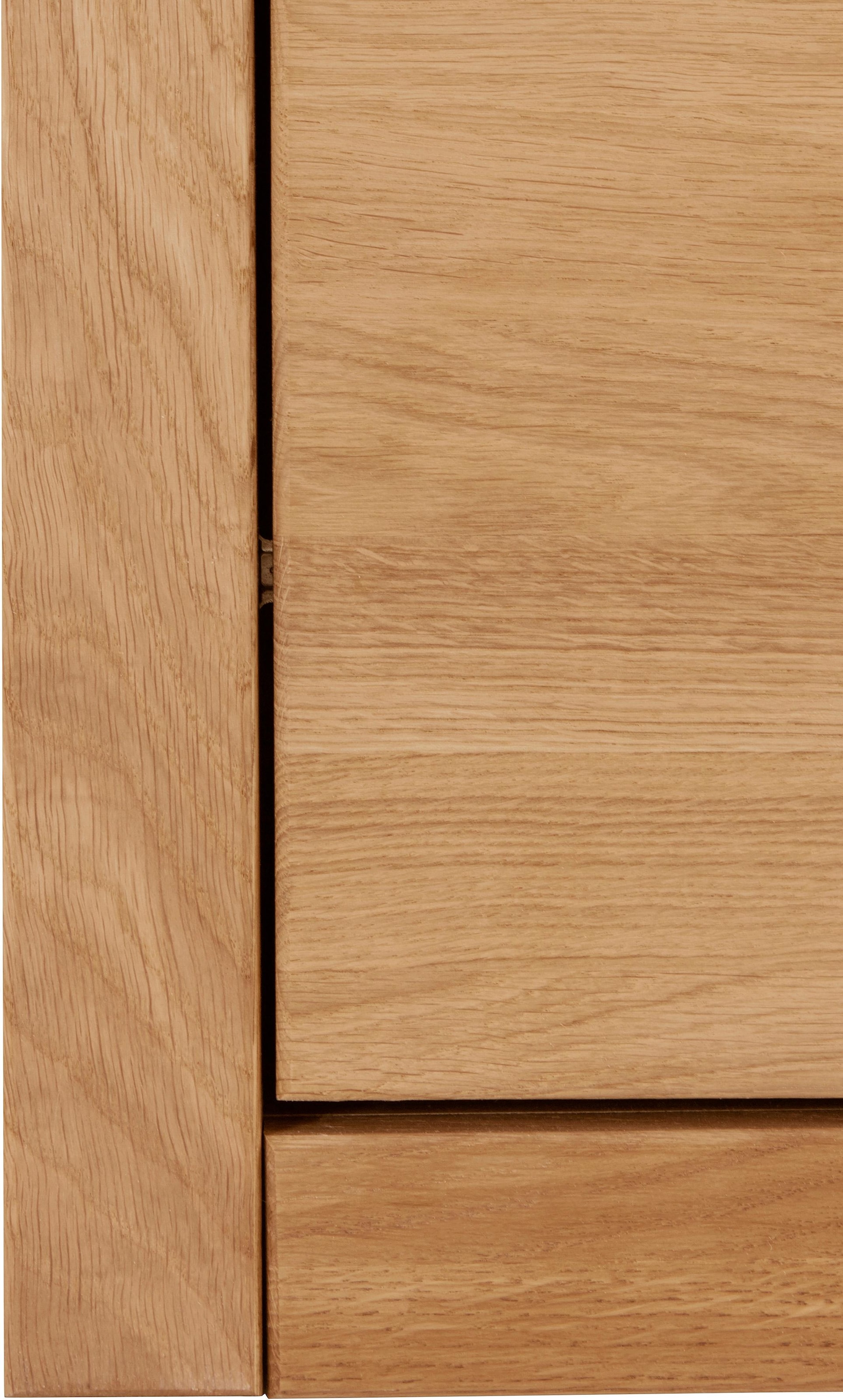 Home affaire Lowboard »Ribe,160cm breit, Fronten Massivholz,6 Fächer,Kabeldurchführung«, Korpus Holzwerkstoff,Glaseinsatz aus gehärtetem Glas,Böden versetzbar
