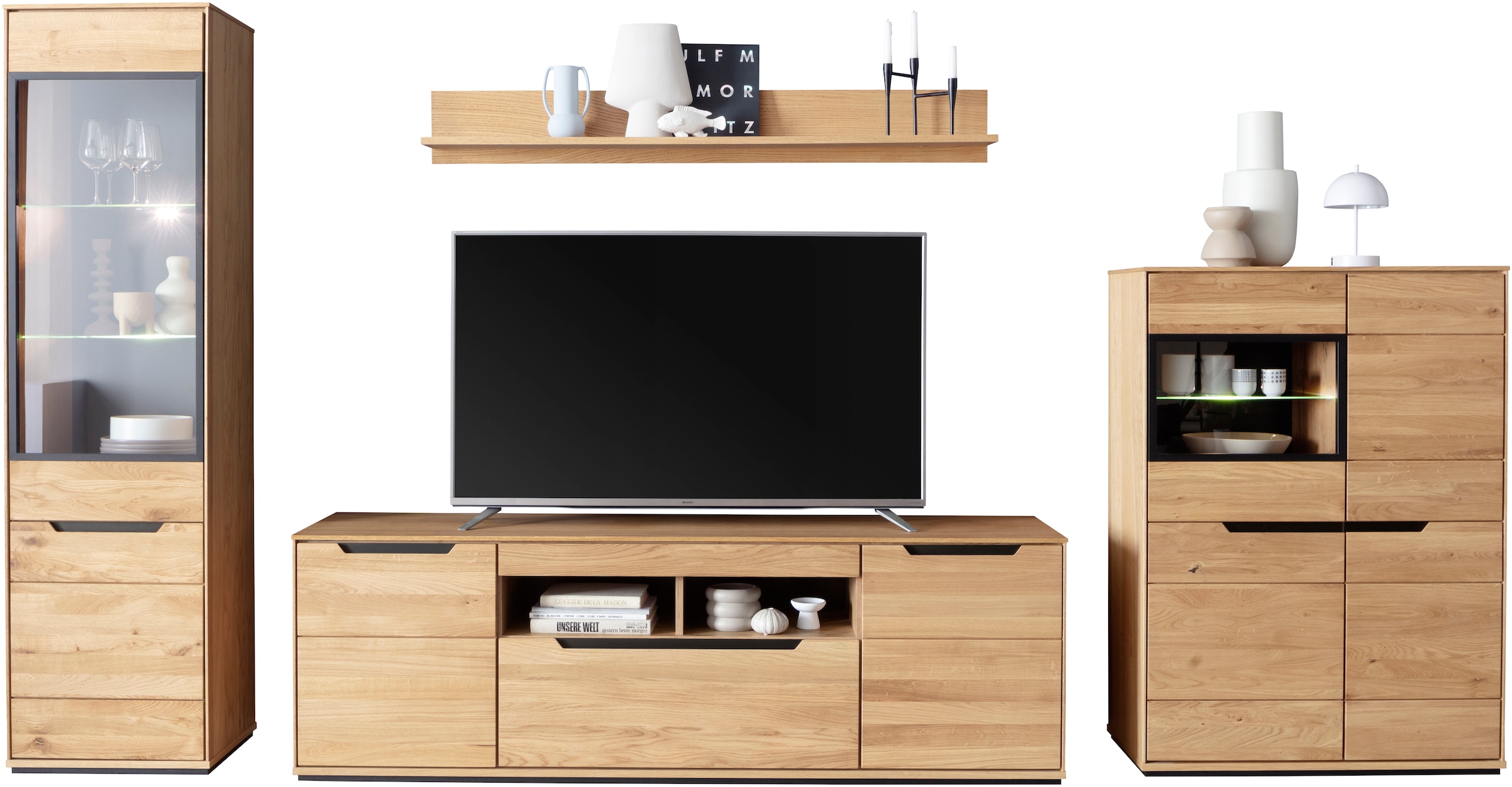 MCA living Wohnwand »Araya Wohnkombination II«, (Komplett-Set, 4 St., optional: Glaskantenbeleuchtung), Schubkästen/ Türen gedämpft