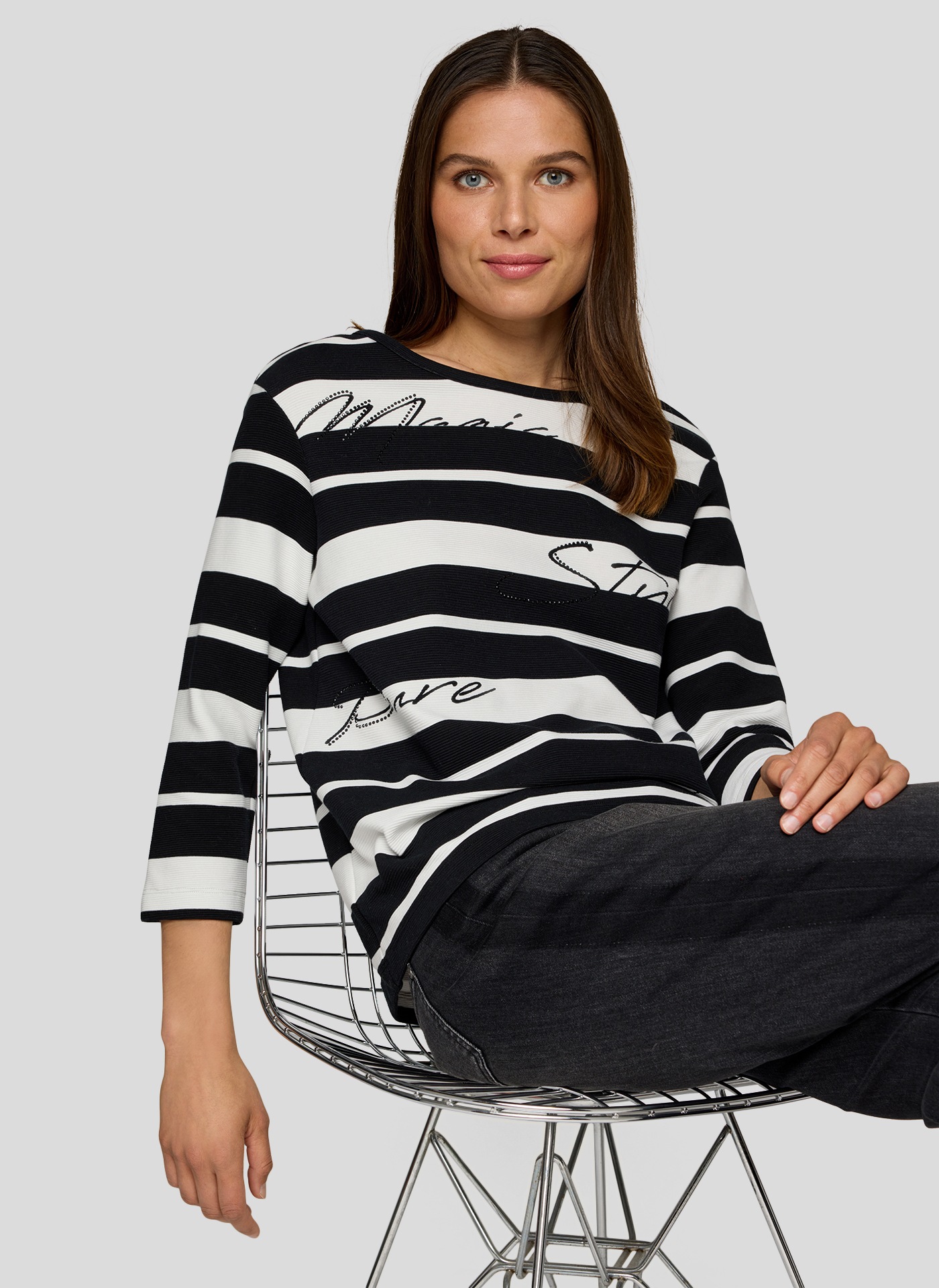 Print-Shirt RABE "T-Shirt", Damen, Gr. 44, schwarz, 76%Baumwolle, 16%Polyester, 8%Elastan, geringelt, gerade, Shirts 3