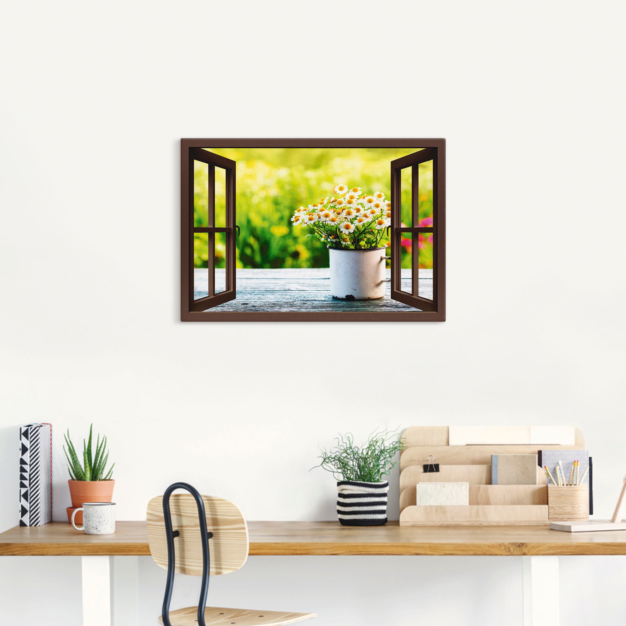 Artland Wandbild "Fensterblick Garten mit Gänseblümchen", Blumen, (1 St.), günstig online kaufen