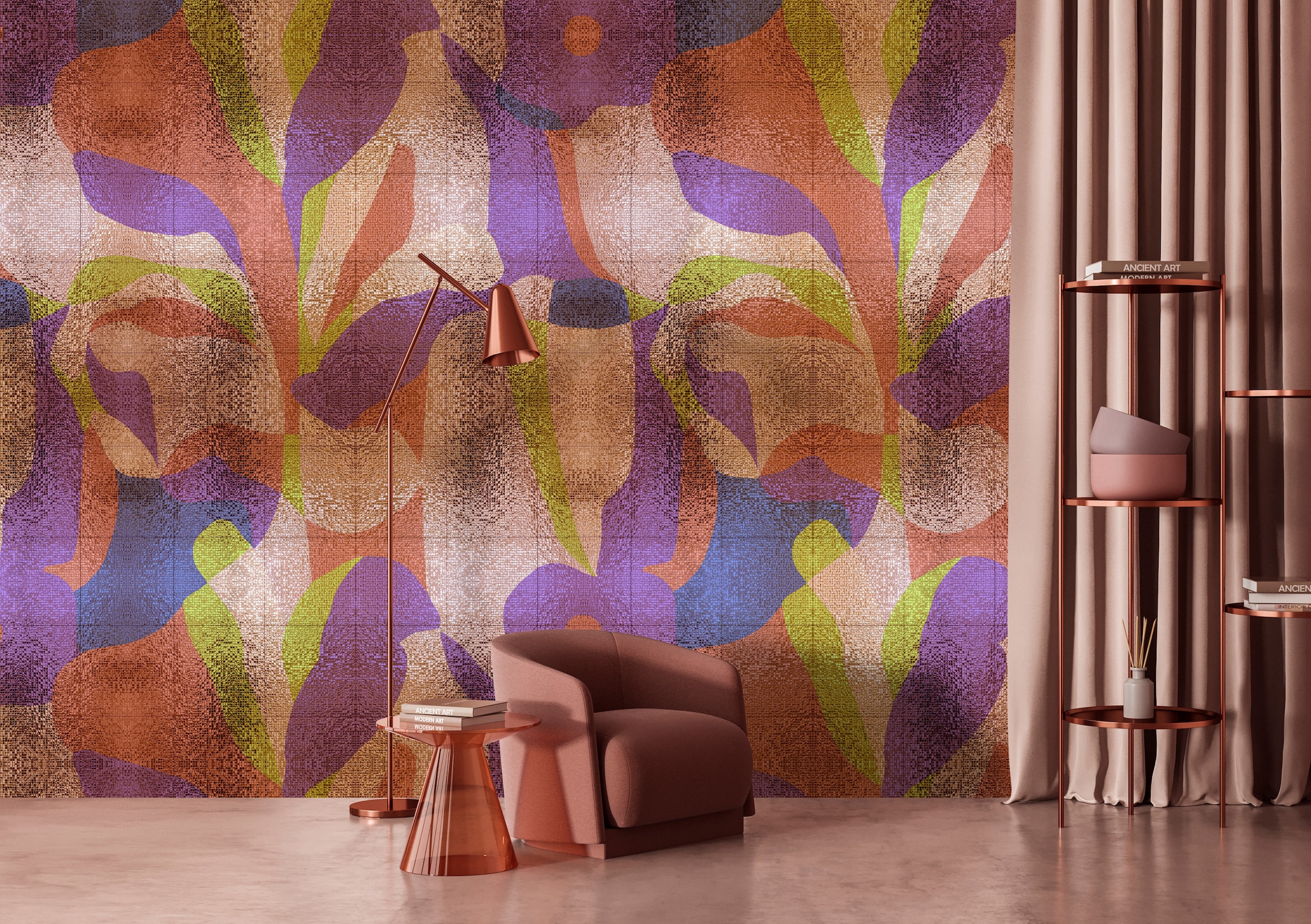living walls Vliestapete "Abstrakte Blätter-Tapete Braun Lila Grün" matt glatt