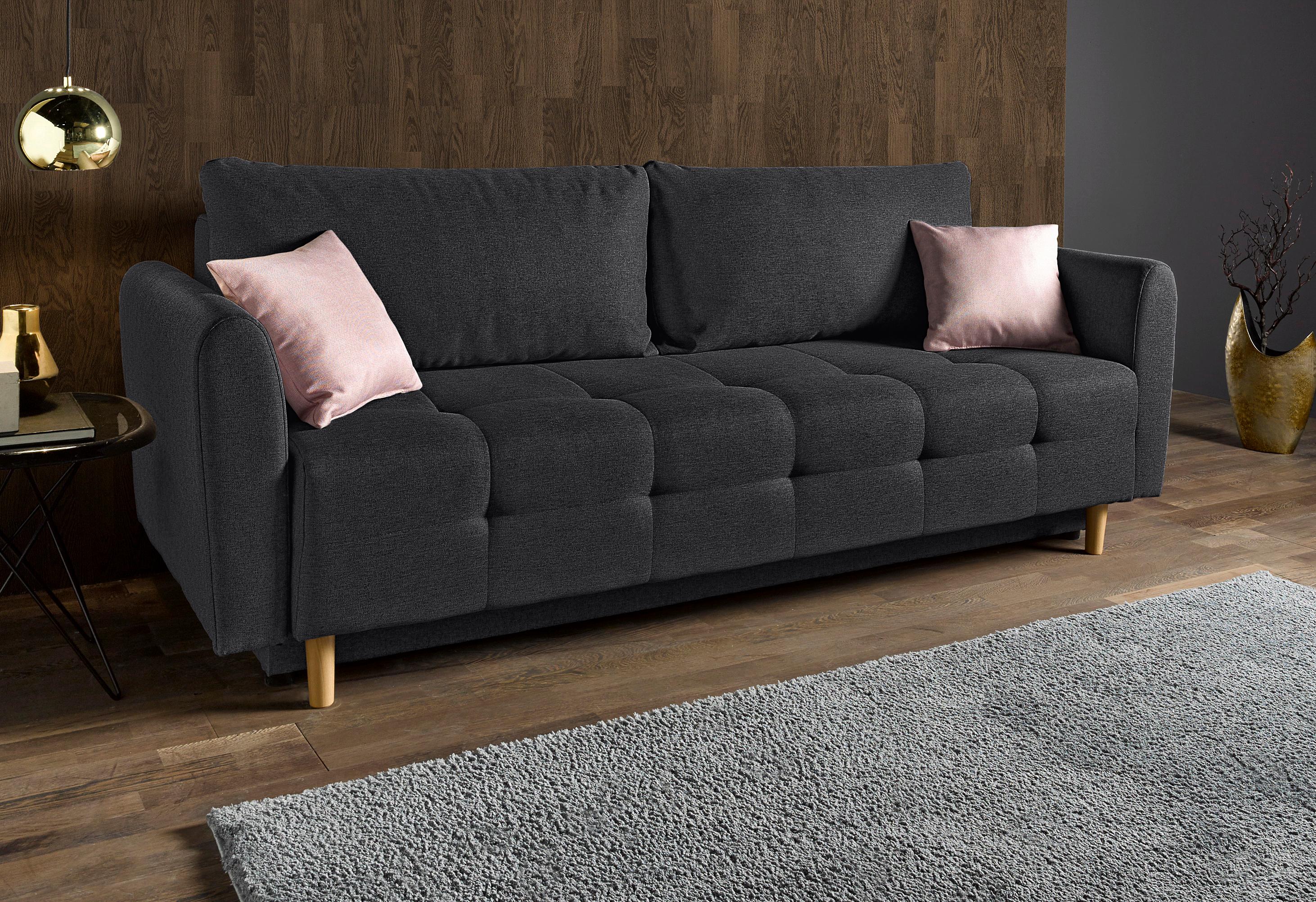 Home affaire Schlafsofa "Nordic, B: 219 cm, Liegel. 137x195 cm" Schlaffunktion, Bettkasten & 2 Zierkissen, Federkern