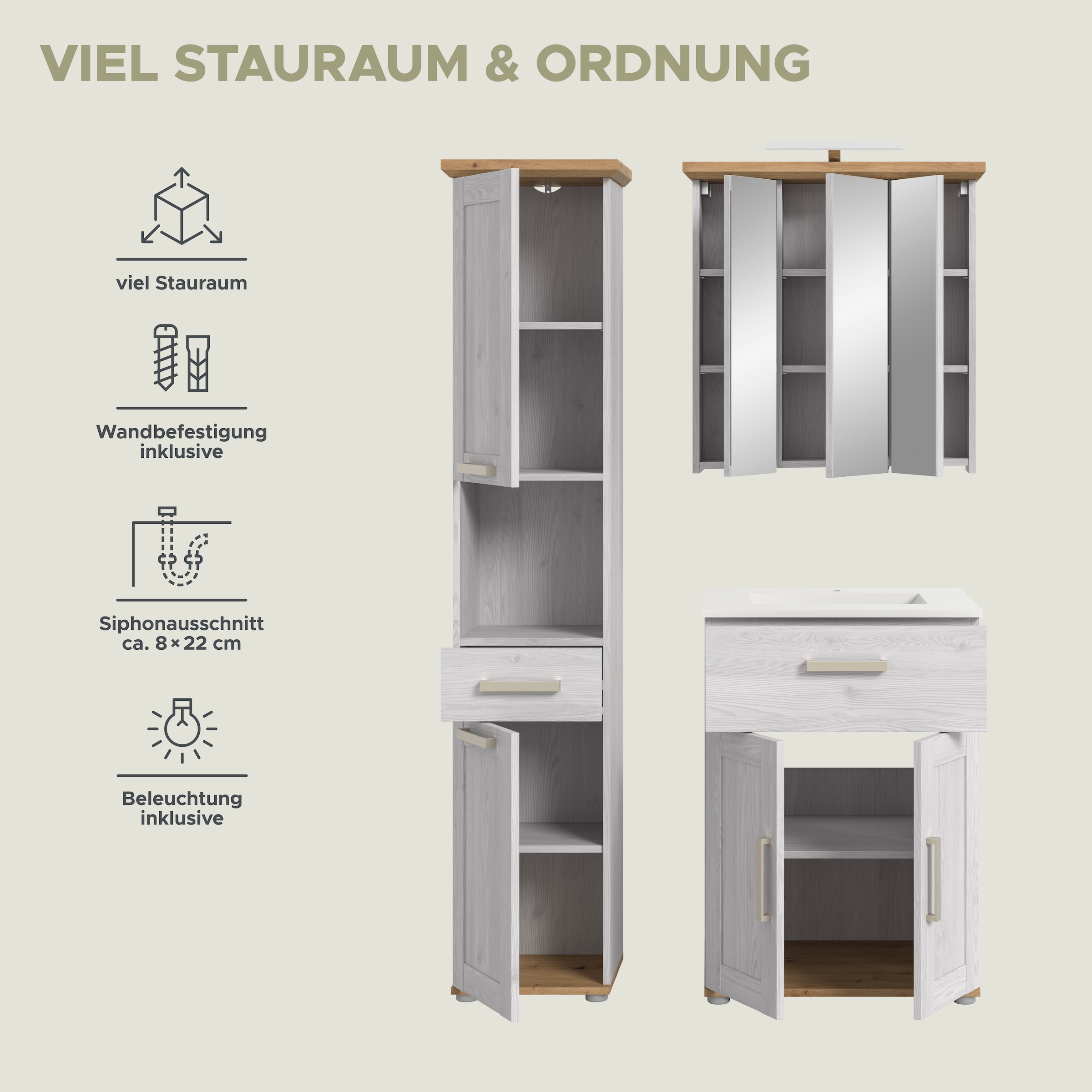 welltime Badmöbel-Set »COSENZA, 3-teilig, inkl. Beleuchtung, mit farblich abgesetztem Kranz« best.aus: Hochschrank, Waschtisch inkl. Waschbecken & Spiegelschrank, 4 Stk. tlg.