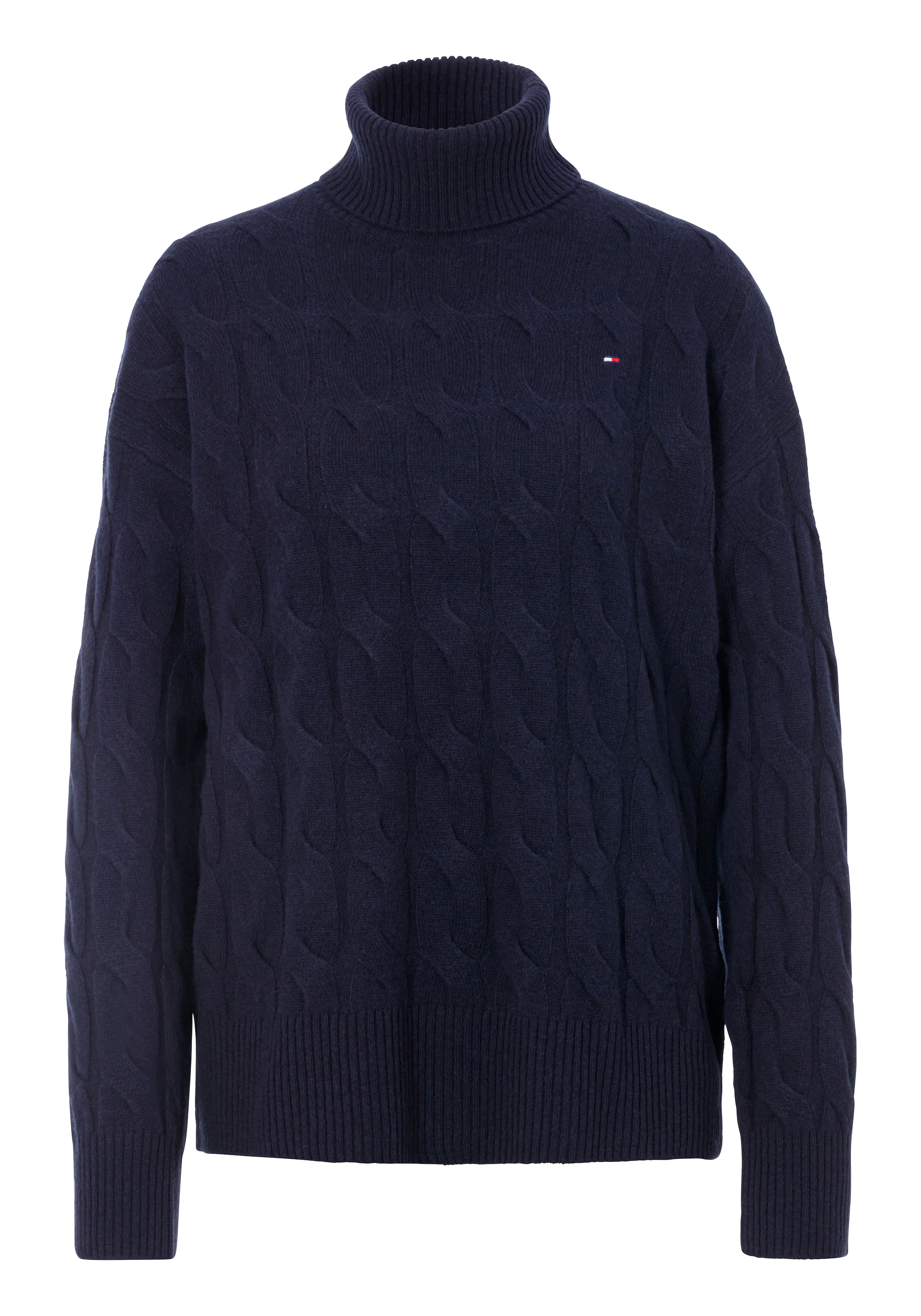 Tommy Hilfiger Rollkragenpullover "SOFT WOOL CABLE ROLL-NK SWEATER", mit Logostickerei, allover Zopfmuster, Rollkragen, 