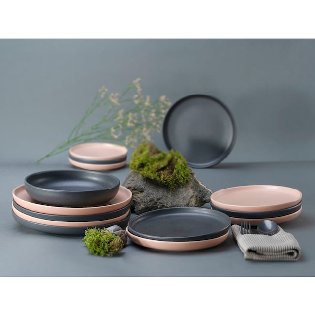 CreaTable Tafelservice »Uno Rusty Rose + Black,«, (Set, 8 tlg.),  seidenmatte Glasur | BAUR