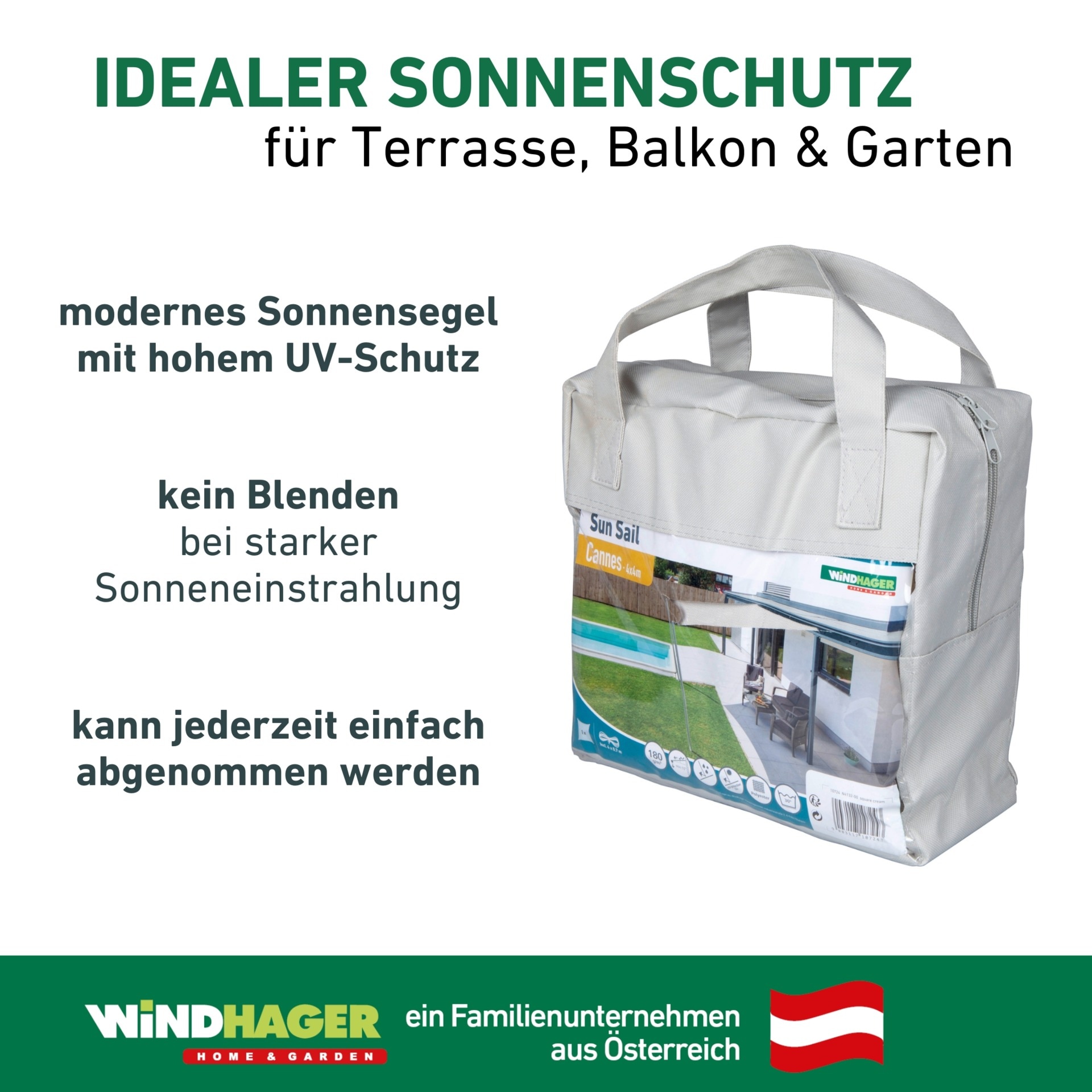 Windhager Sonnensegel »Cannes, Quadrat Segel zur Beschattung von Garten, Terrasse, Balkon« Sonnenschutz 4 x 4 m, erhältlich in anthrazit, grau, taupe oder weiß