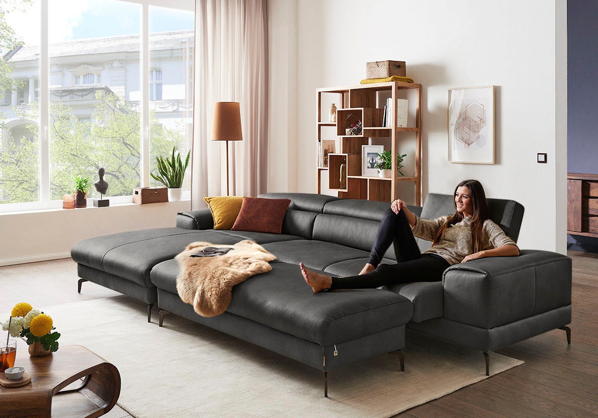 W.SCHILLIG Ecksofa »piedroo, Designsofa mit tollem Sitzkomfort, bequem und elegant, L-Form«, Kopfteilverstellung, wahlweise mit Sitztiefenverstellung, Breite 343cm
