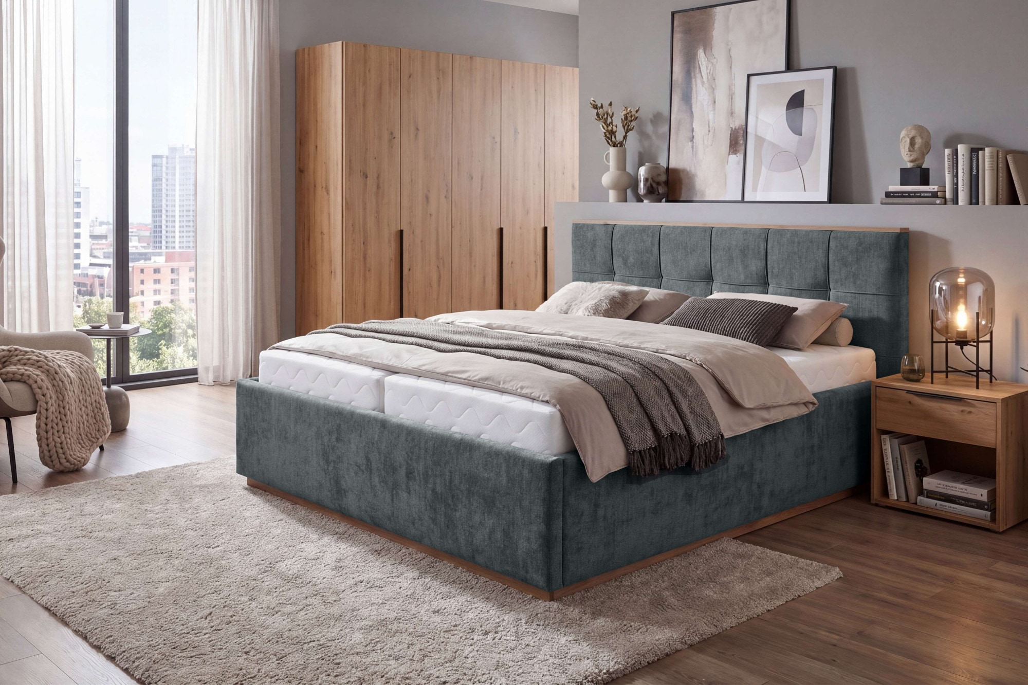 OTTO home Polsterbett "Vyllo, Doppelbett, Federkernbett, Komforbett, 160, 180 cm, Bettkästen" Mit 5-Zonen-TFK-Matratze H3, Lattenrost, Eicheapplikationen