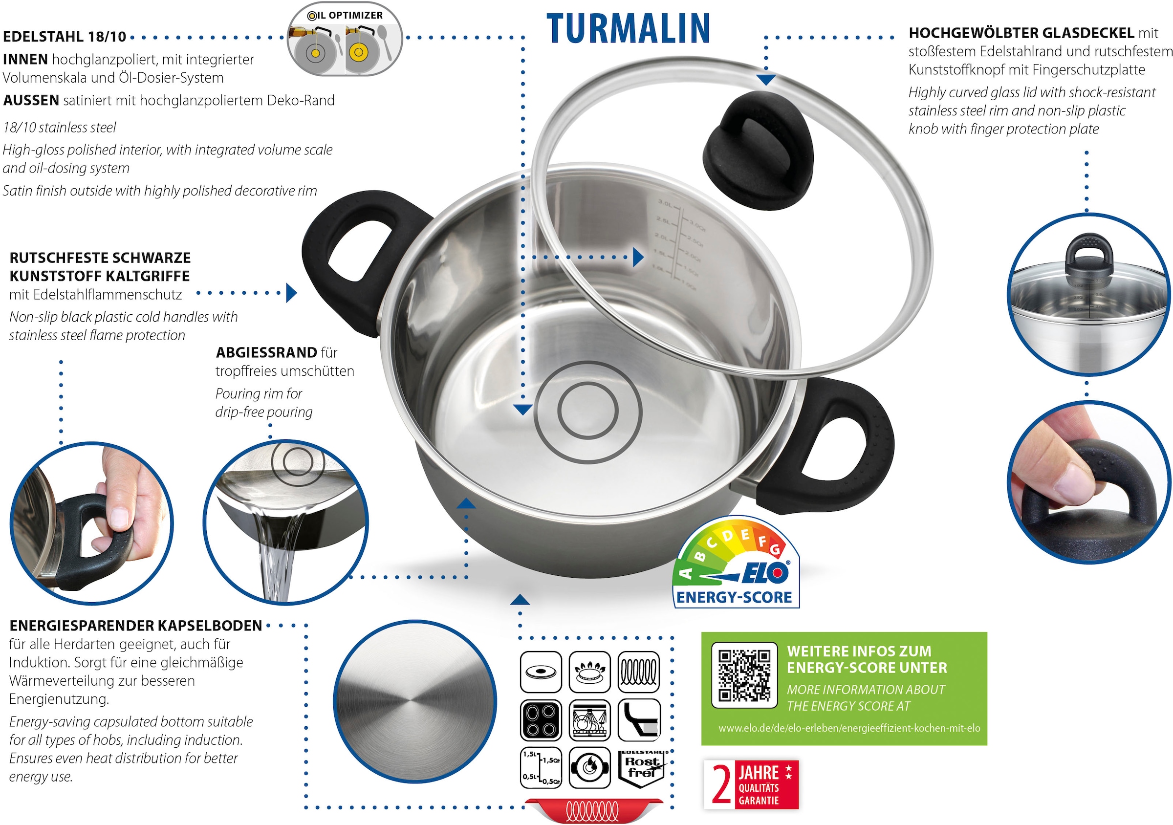 Elo | BAUR 16 cm 18/8, Kasserolle (1 Edelstahl Dosierringe, Öl Induktion, »Turmalin«, tlg.), Ø Basic