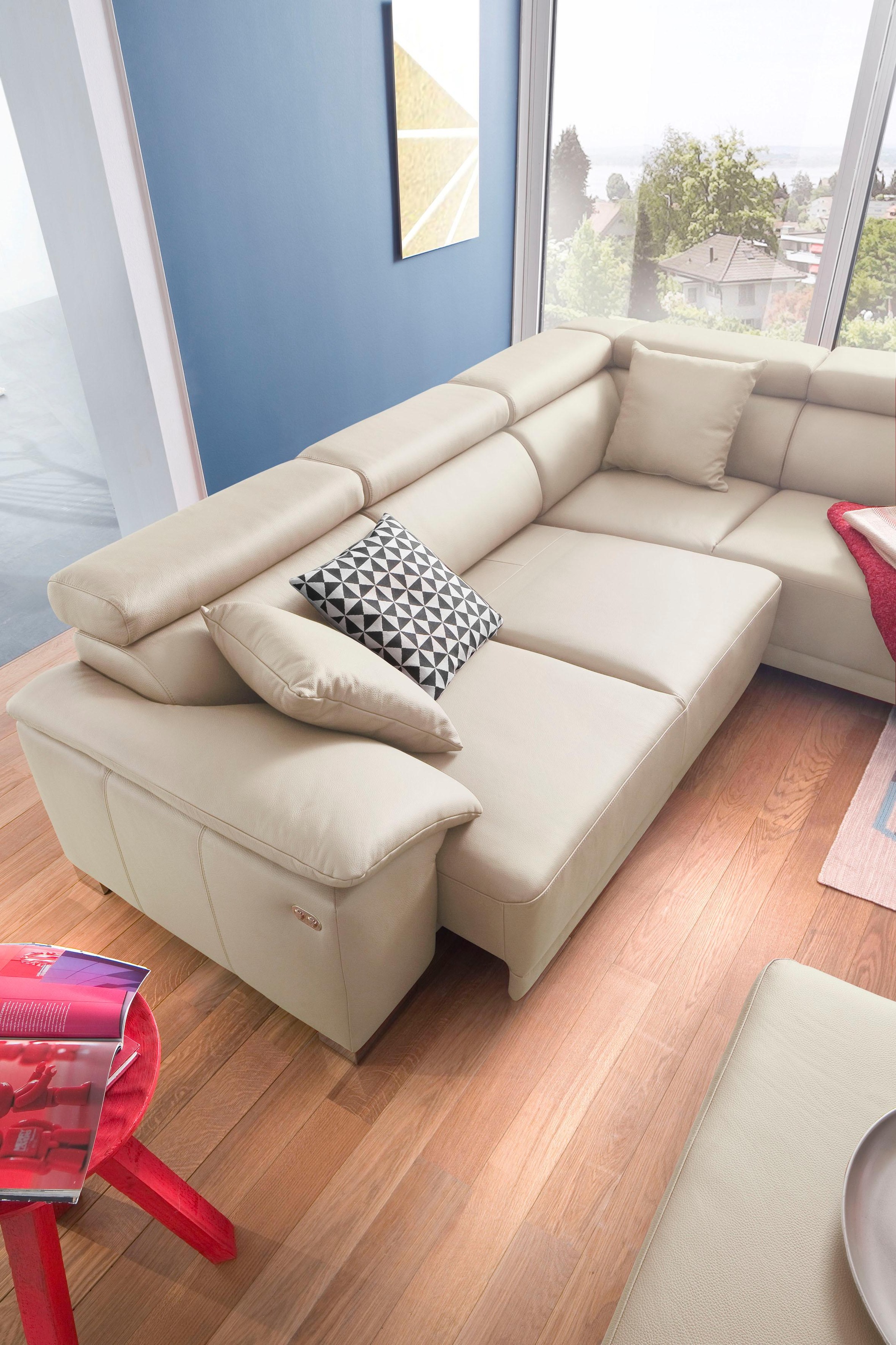 Ecksofa 3C CANDY "Menorca modern und bequem, L-Form", beige, B:270cm H:79cm T:205cm, Mikrofaser, 100% Polyester;NaturLEDER (echtes Rindsleder);Struktur 100% Polyester, Sofas, Ecksofa, Kopfteilverstellung, wahlweise elektronischer Sitzvorzug, in Dickleder 6