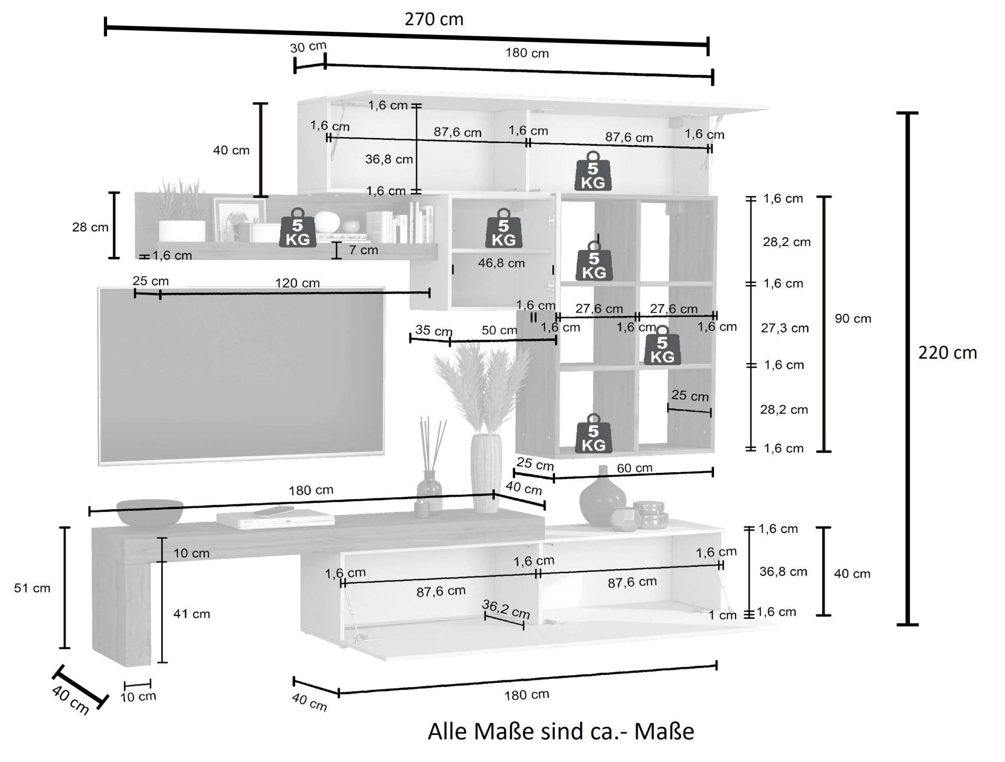 INOSIGN Wohnwand »Chronos Wohnwand, Medienwand, 5-er set«, (Set, 5 St.), ca. 270 cm mit Hängeschränke, Würfel, Regal, Lowboard, Made in Italy