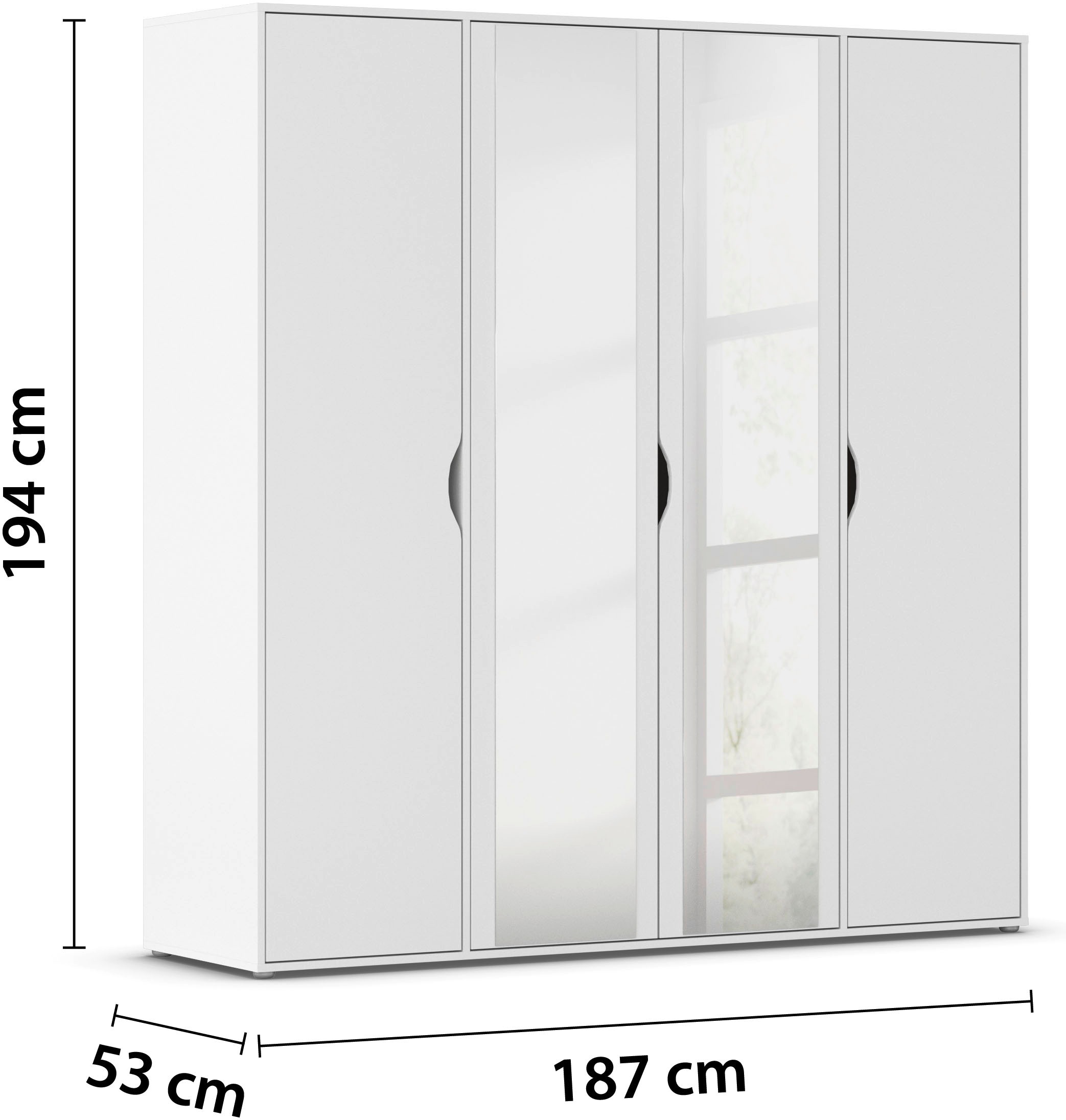 rauch Drehtürenschrank »Kleiderschrank Schrank Garderobe Wäscheschrank NARAI mit Spiegel«, (in 3 verschiedenen Ausstattungen BASIC/CLASSIC/PREMIUM), Griffausfräsungen für eine grifflose Optik TOPSELLER MADE IN GERMANY