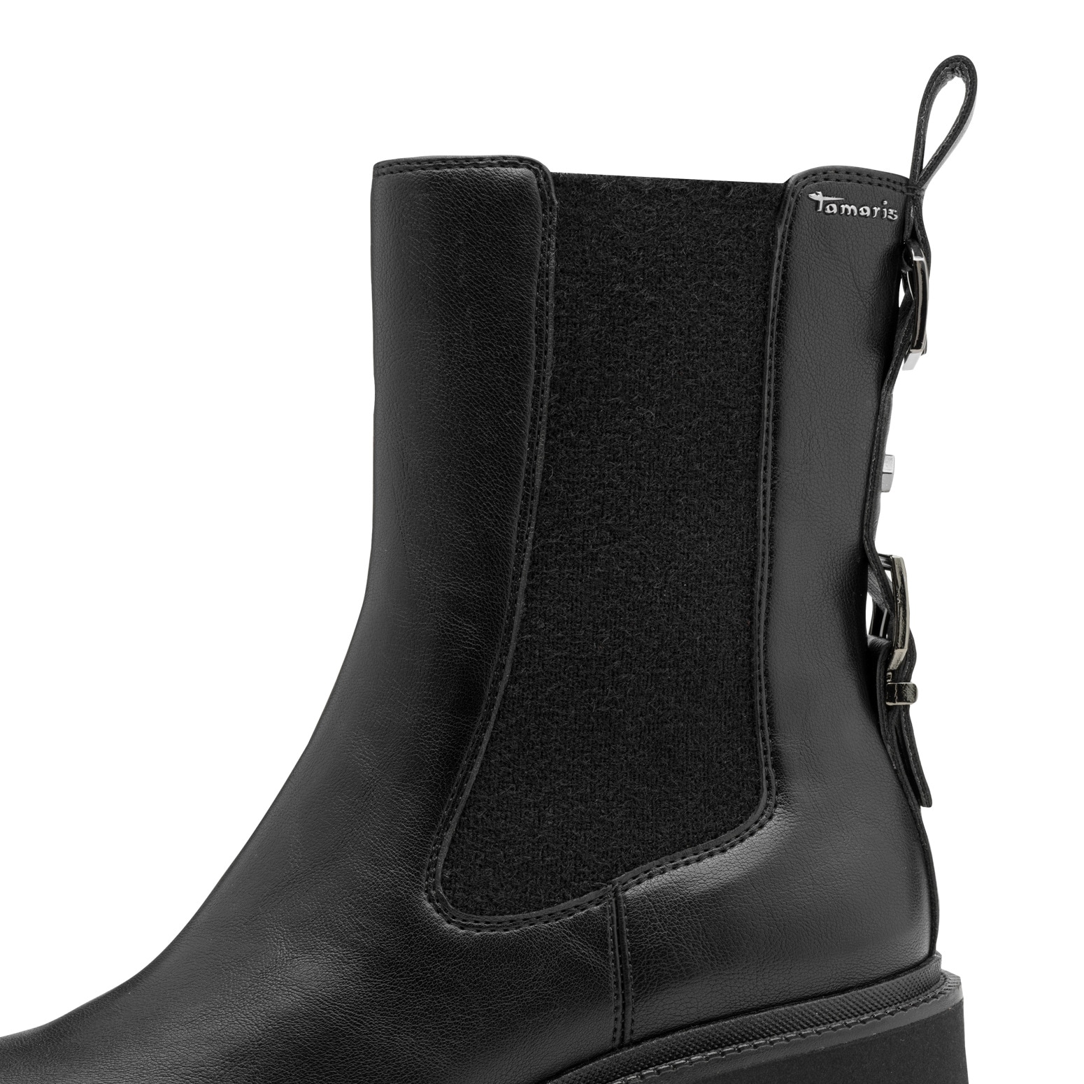 Tamaris Chelseaboots, Blockabsatz, Stiefelette mit Zierschnallen-Element an der Ferse