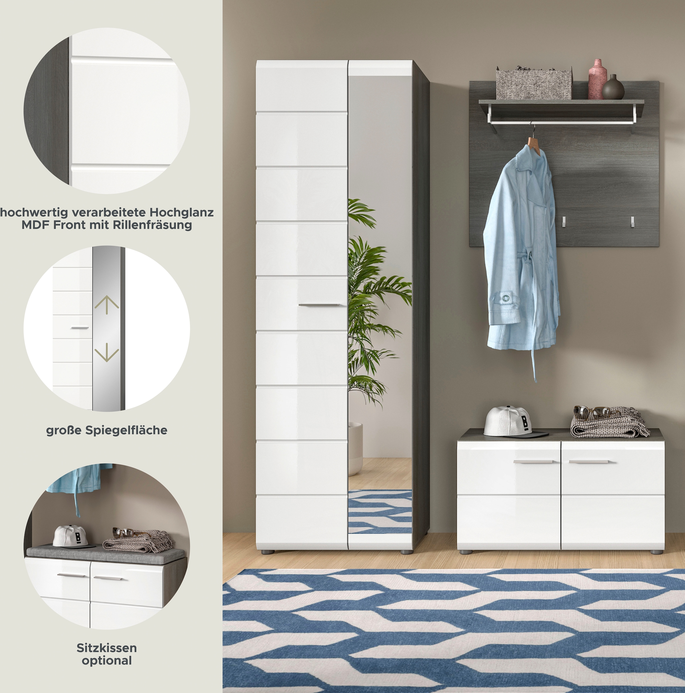 INOSIGN Garderoben-Set »Rumba, 3-teilig, Breite 155 cm, Hochglanz Front, bestehend aus:«, (3 St.), Garderobenschrank, Sitzbank, Garderobenpaneel