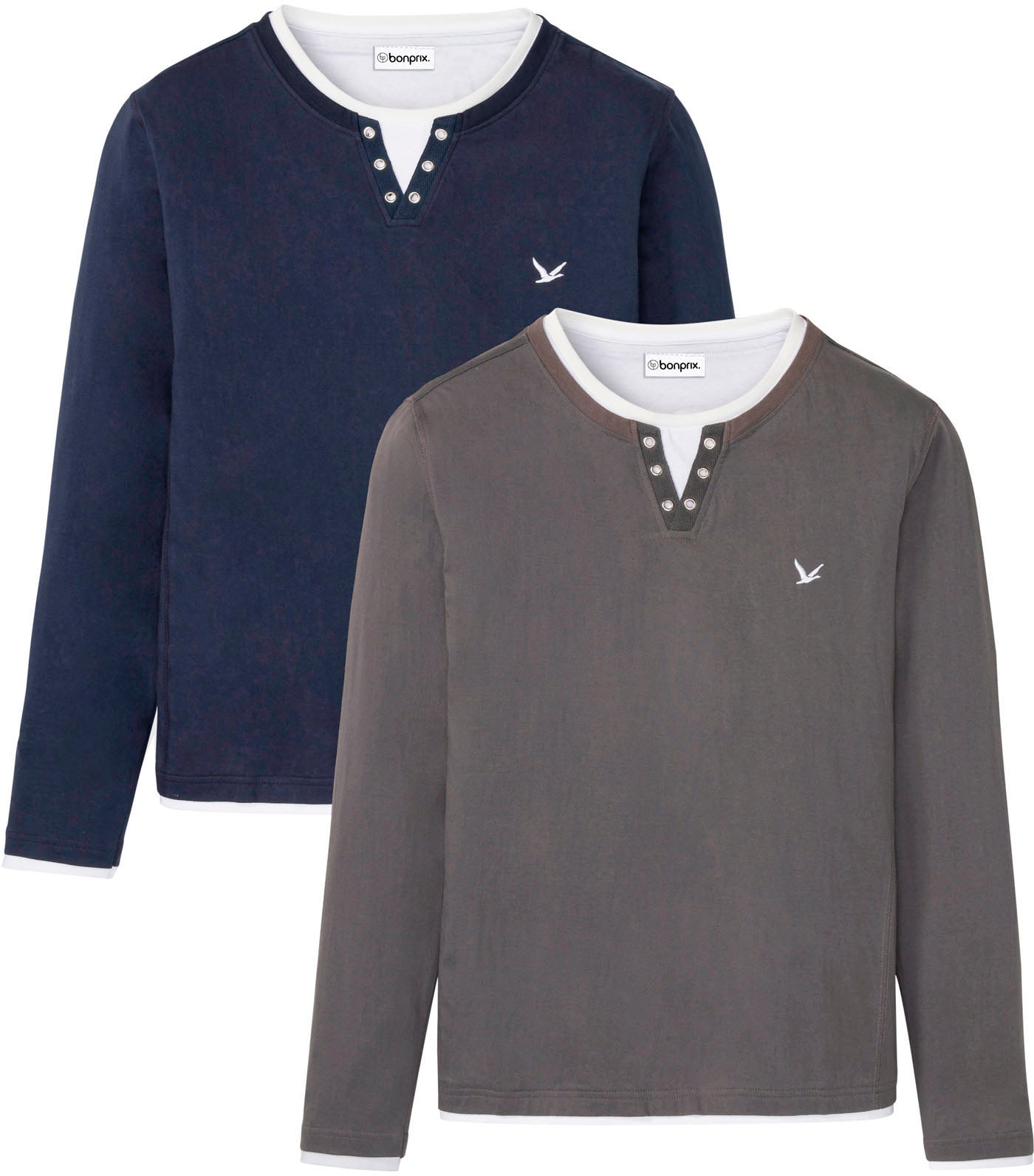 bonprix 2-in-1-Shirt Packung, 2 Stk. Regular Fit, Langarm, aus Baumwolle, unifarben