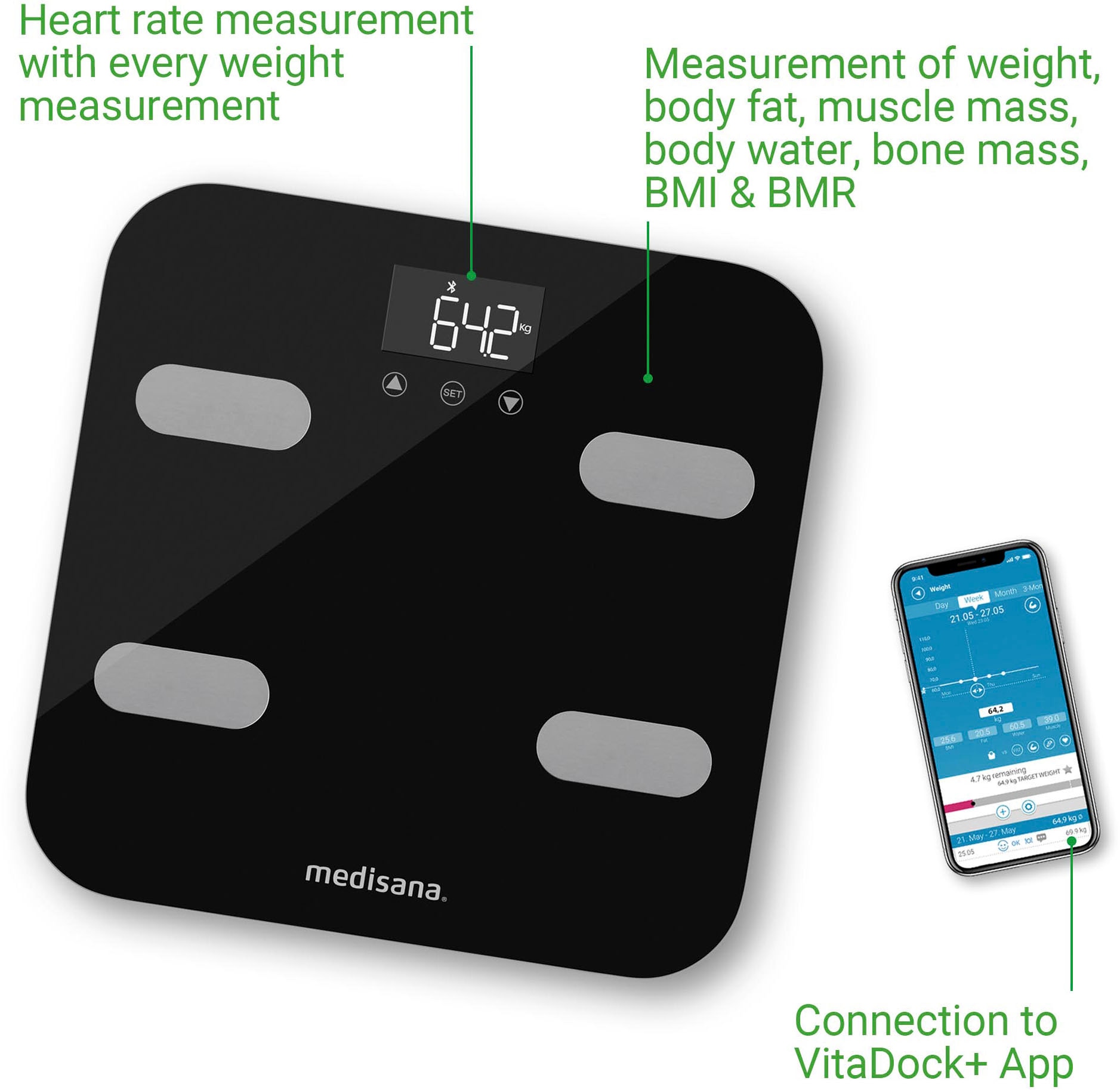 Medisana Körper-Analyse-Waage »BS 602«, Waage misst Körperwerte & sendet Daten via Bluetooth zu VitaDock+