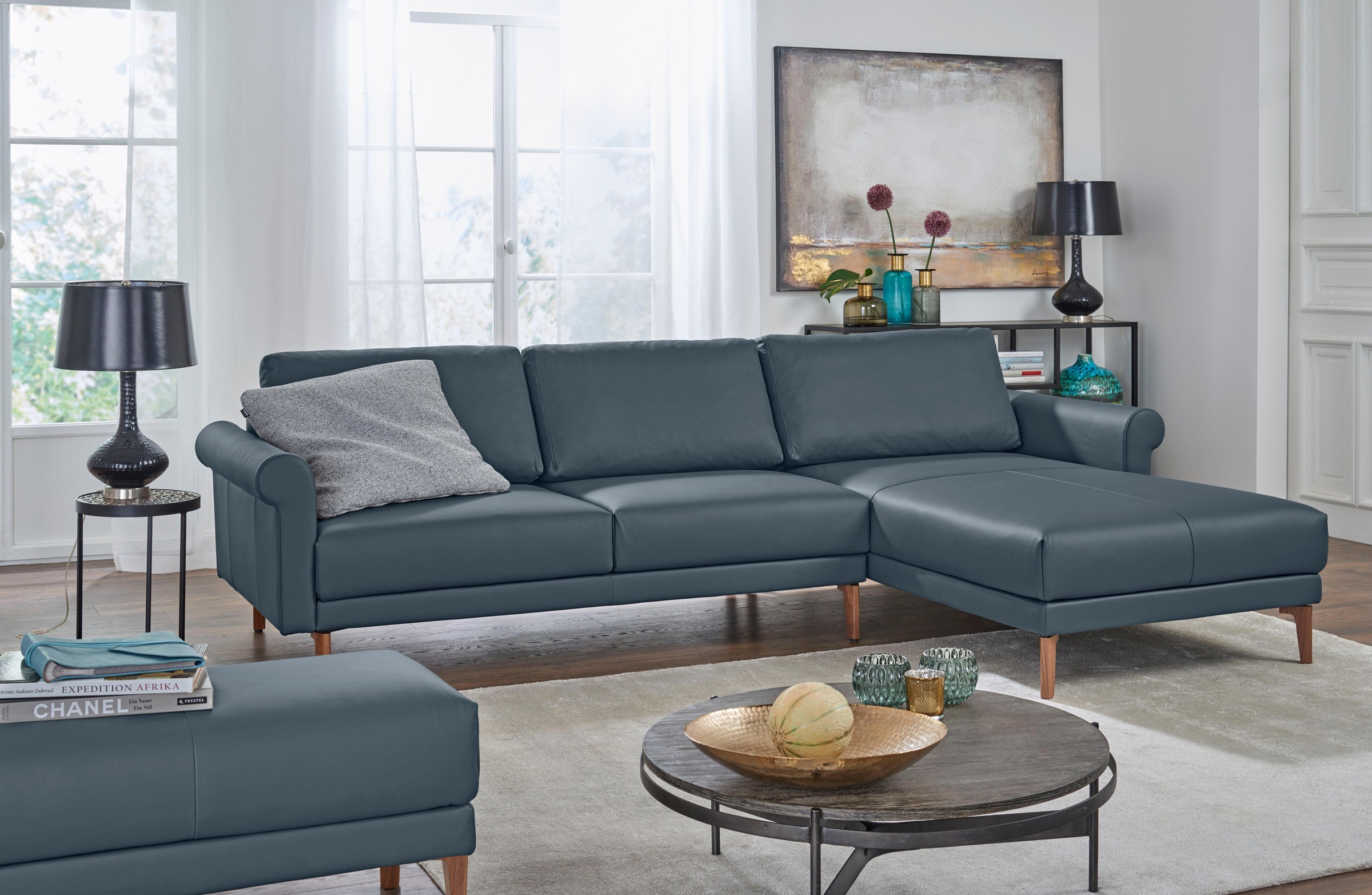 hülsta sofa Ecksofa „hs.450“, Armlehne Schnecke modern Landhaus, Breite 262 cm, Fuß Nussbaum blaugrau 534, 73 Rabatt: 43 %