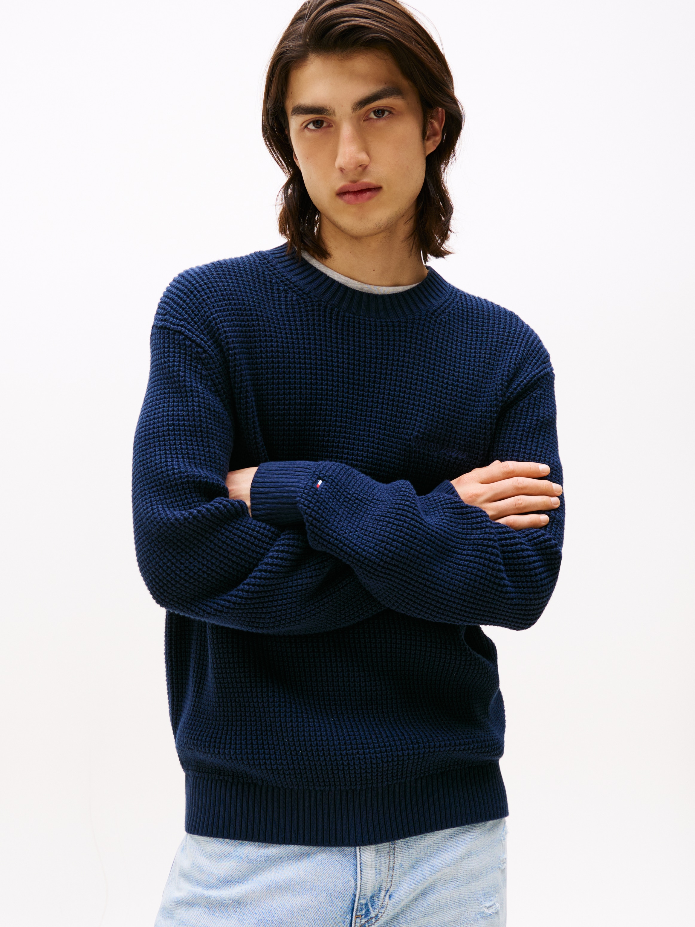 Tommy Jeans "TJM SCRIPT CHUNKY" Regular Fit, Rundhals Waffelpique Strick