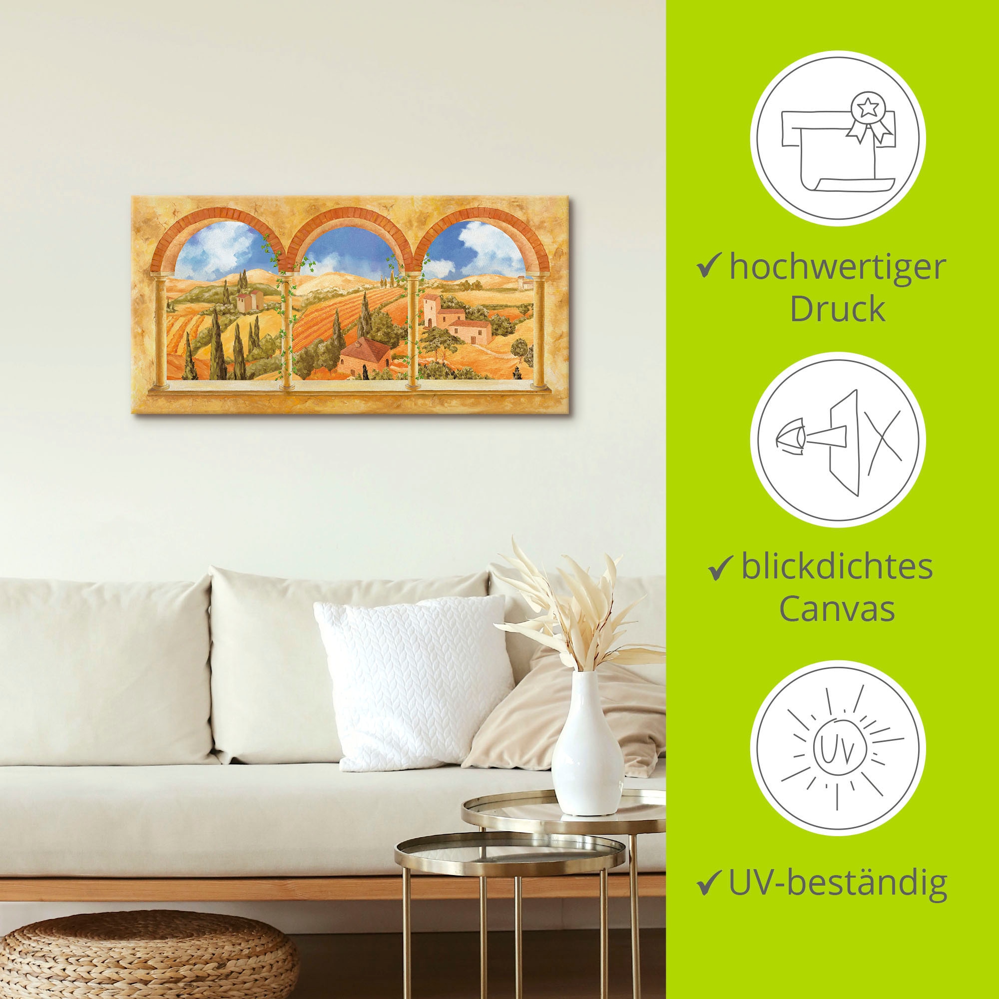 Artland Wandbild »Drei Torbögen mit Blick in die Toskana«, Fensterblick, (1 St.), als Leinwandbild, Wandaufkleber in verschied. Größen