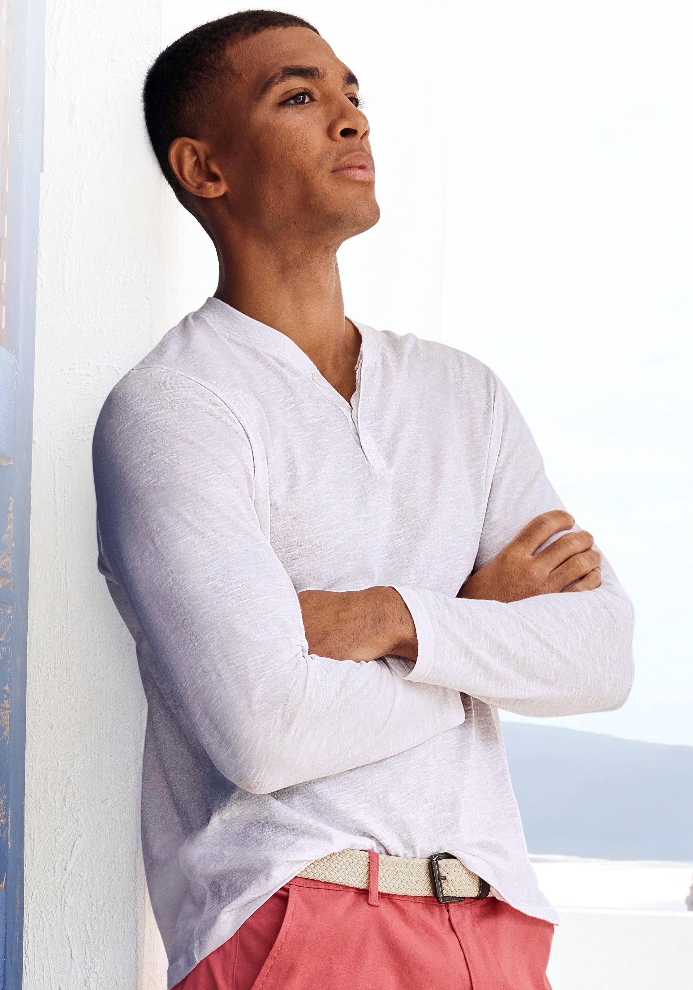 Langarmshirt H.I.S "- Henleyshirt langarm", Herren, Gr. M (48/50), weiß, Slub, Obermaterial: 100% Baumwolle, meliert, regular fit normal, Rundhals, abgesteppte Kante, Shirts Langarmshirt, Langarm, Shirt mit Knopfleiste aus strukturierter Baumwoll-Qualität 3