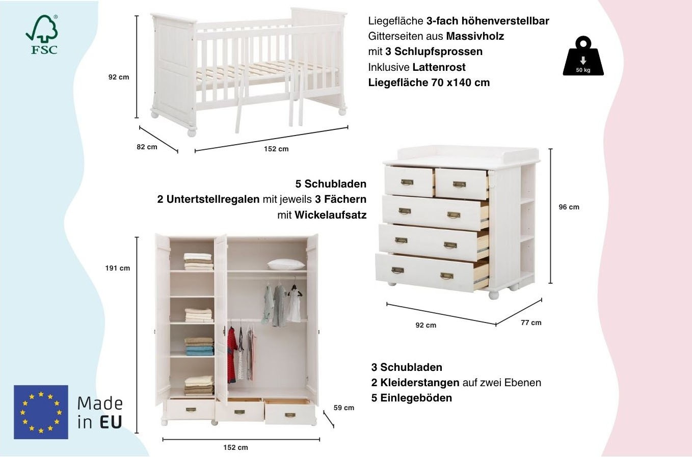 Lüttenhütt Babyzimmer-Komplettset »"Aimo", Landhausstil, stabile Qualität, edles Design, Messinggriffe« Set, Kinderbett, Schrank, Wickelkommode, 3 Stk. tlg. aus Massivholz; FSC®-Holz aus gewissenhaft bewirtschafteten Wäldern