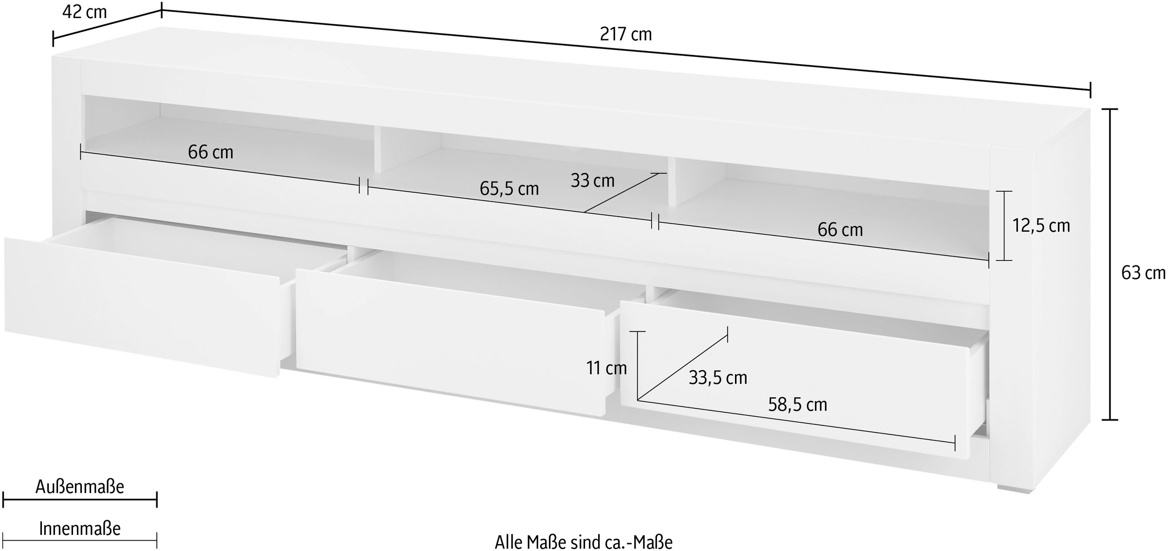 INOSIGN Lowboard »Chester, moderner TV-Unterschrank, Kommode mit Stauraum, Weiß Matt«, (1 St.), austauschbare Blende in Griffleiste, zeitloses Design, 217 cm breit