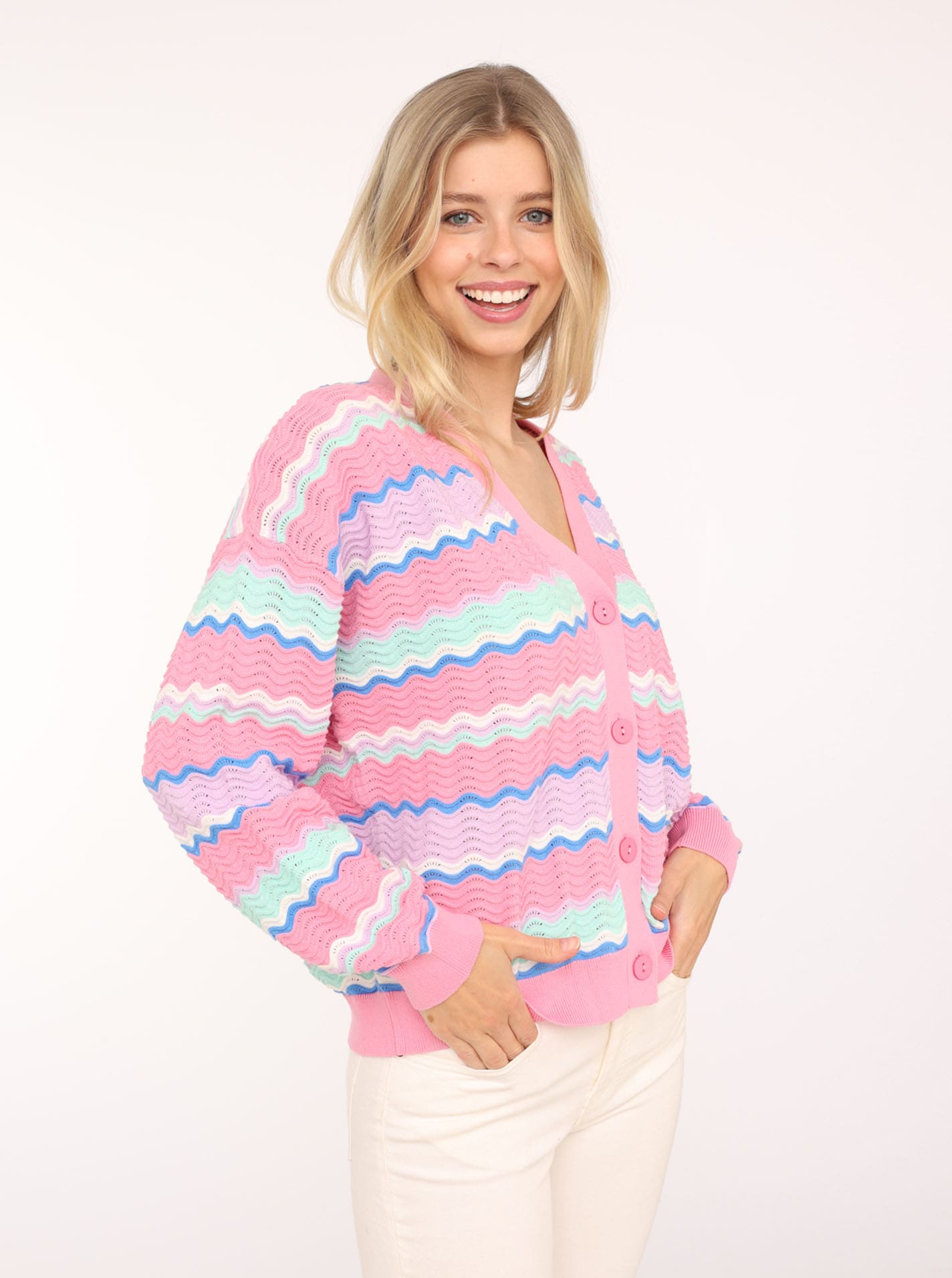 Zwillingsherz Strickjacke, Wellen-Muster, Langarm, V-Ausschnitt, Baumwolle, günstig online kaufen