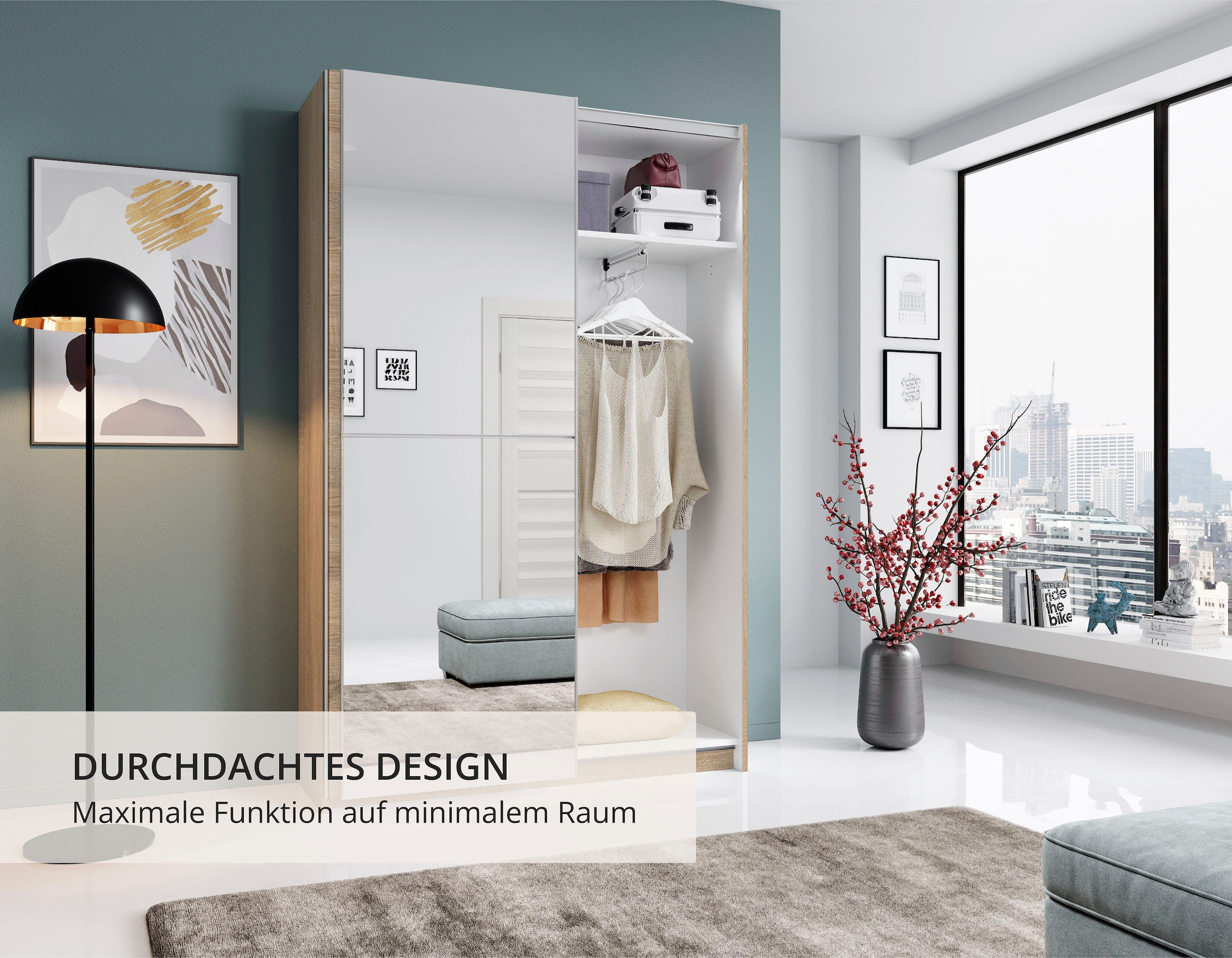 Schlafkontor Schwebetürenschrank »Heimo/Fast Schrank Kleiderschrank Garderobe«, geringe Tiefe, ausziehbarer Kleiderstange, Garderobenschrank, 6 Böden