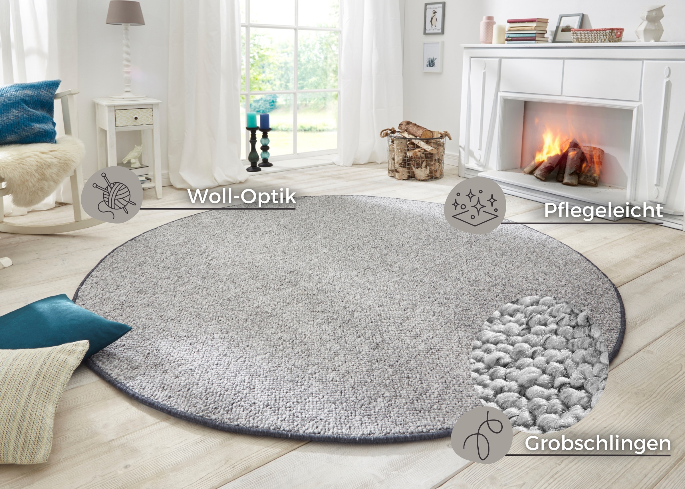 HANSE Home Teppich »Wolly 2«, rund, 12 mm Höhe, Flachgewebe, Skandi, Woll-Optik, Esszimmer, Wohnzimmer, Flur
