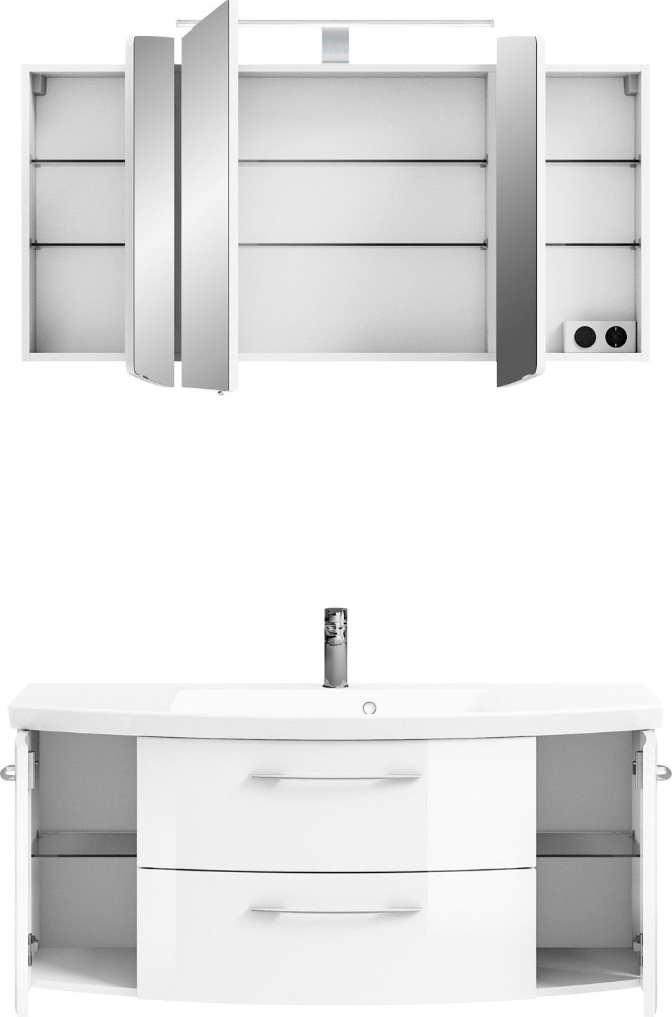 Saphir Badmöbel-Set »Cassca Sprint 2-teilig Mineralmarmor-Waschtisch mit LED-Spiegelschrank«, (2 St.), Waschplatz 121 cm breit mit 5 Türen, 2 Schubladen, inkl. Türdämpfer