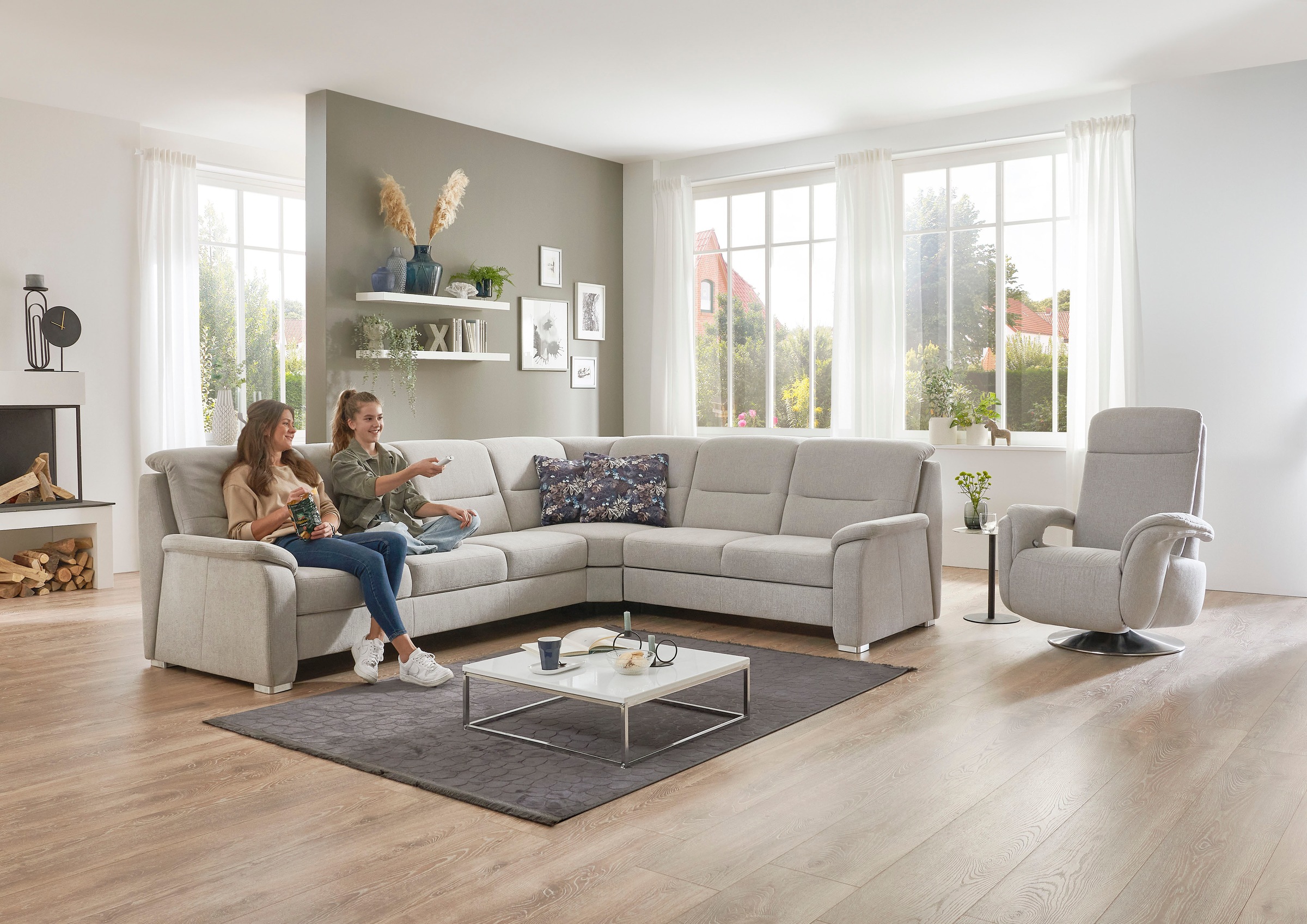 Ecksofa DIE PLANBAR "PP-HS10002", ecru, B:303cm H:92cm T:245cm, 100% Polyester, Sofas, Ecksofa, wahlweise mit Kopfteilverstellung, Bettfunktion und Stauraum