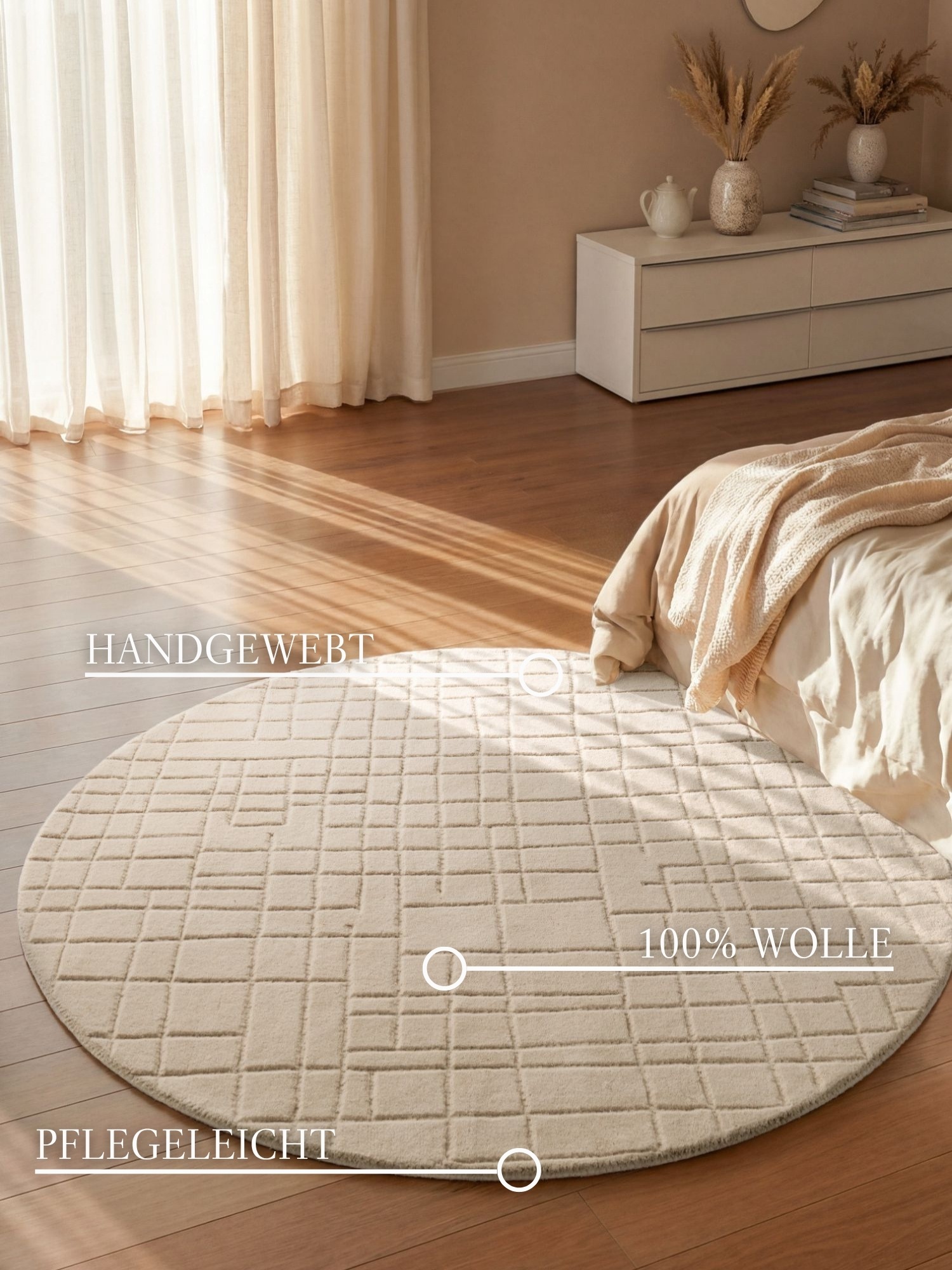 Villeroy & Boch Wollteppich »Kenso« rund 15 mm Höhe Wolle, Kariert, Natur, Handgemacht, Wohnzimmer, Schlafzimmer, Hygge