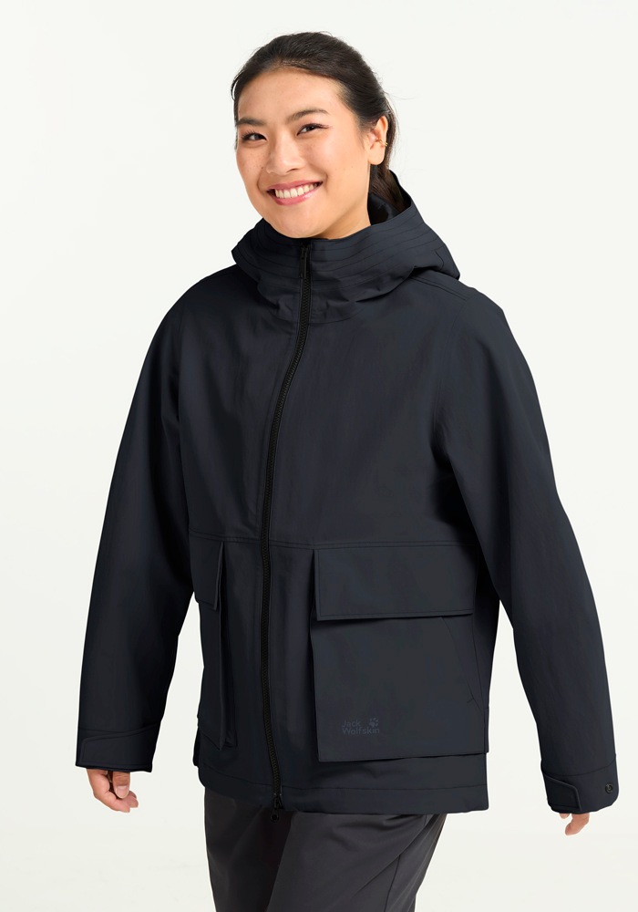Funktionsjacke JACK WOLFSKIN "NABUR 2L JKT W", Damen, Gr. L (42/44), schwarz navy, Web, Obermaterial: 100% Polyamid. Futter: 100% Polyester, unifarben, Basic Po-bedeckend, mit Druckknöpfen,verstellbar, Jacken Funktionsjacke, wasserdicht, atmungsaktiv, Übe