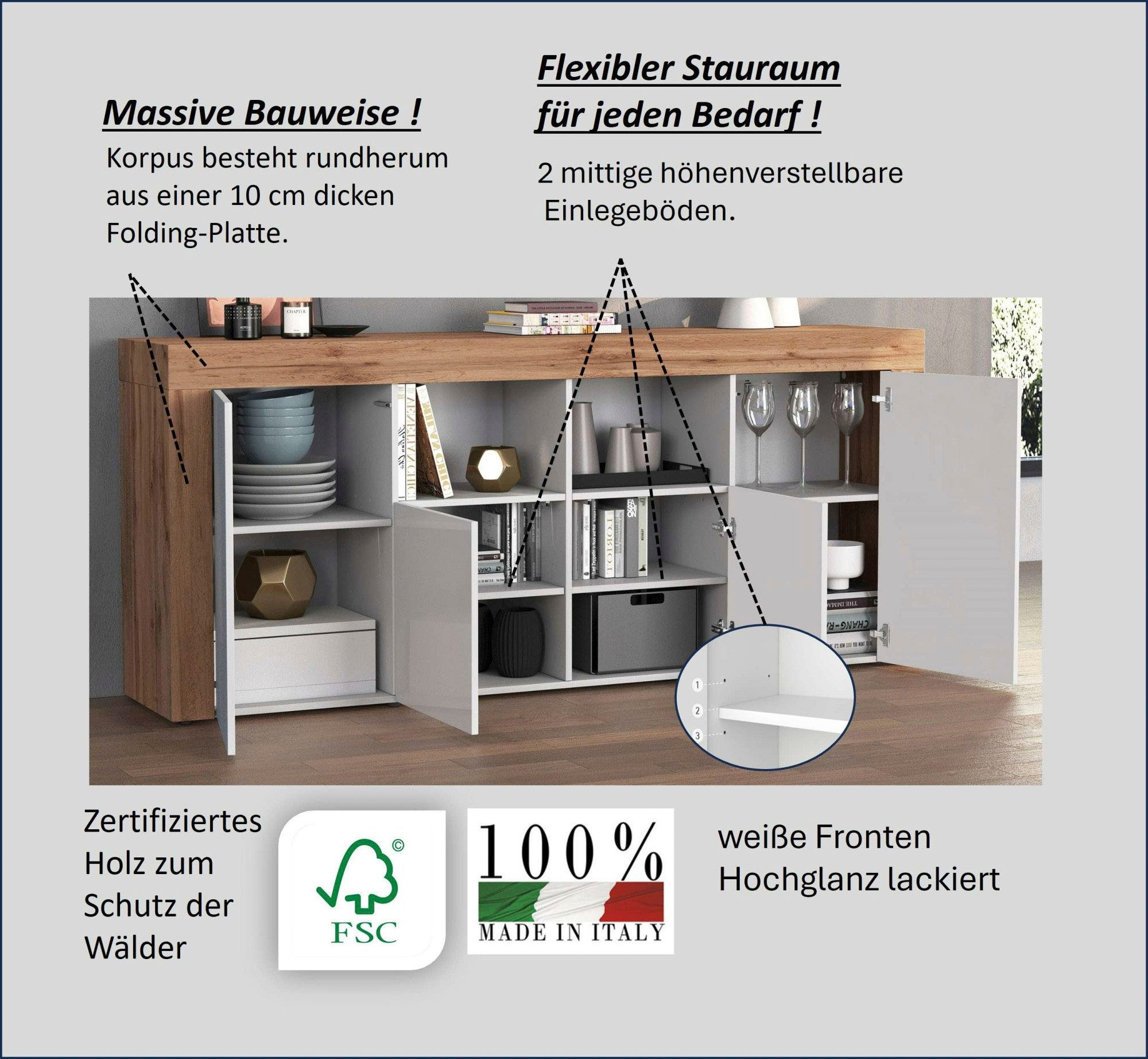 INOSIGN Sideboard »CHRONOS Breite 200 cm mit 4 Türen, 2 offene und 8 geschlossene Fächer«, (1 St.), Sideboard,Kommode, Schrank, Grifflos mit Push to Open, Made in Italy