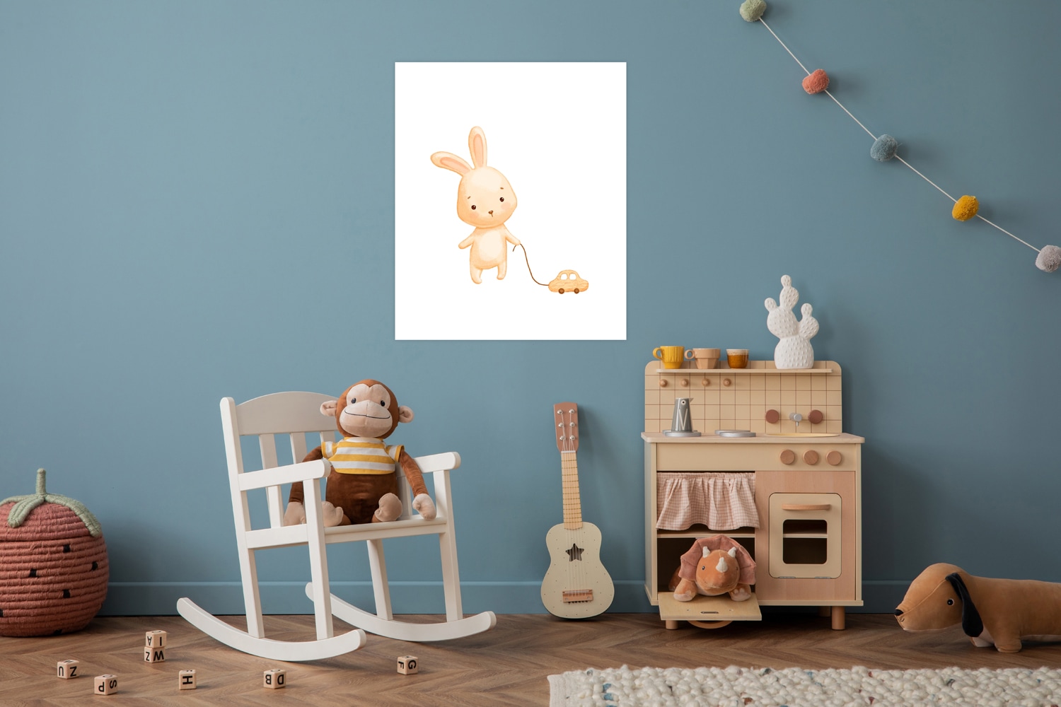 Lüttenhütt Bild mit Rahmen "oder Poster, Hase mit Spielzeugauto" Fantasy Tiere 1 Stk. tlg. HD Premium Druck